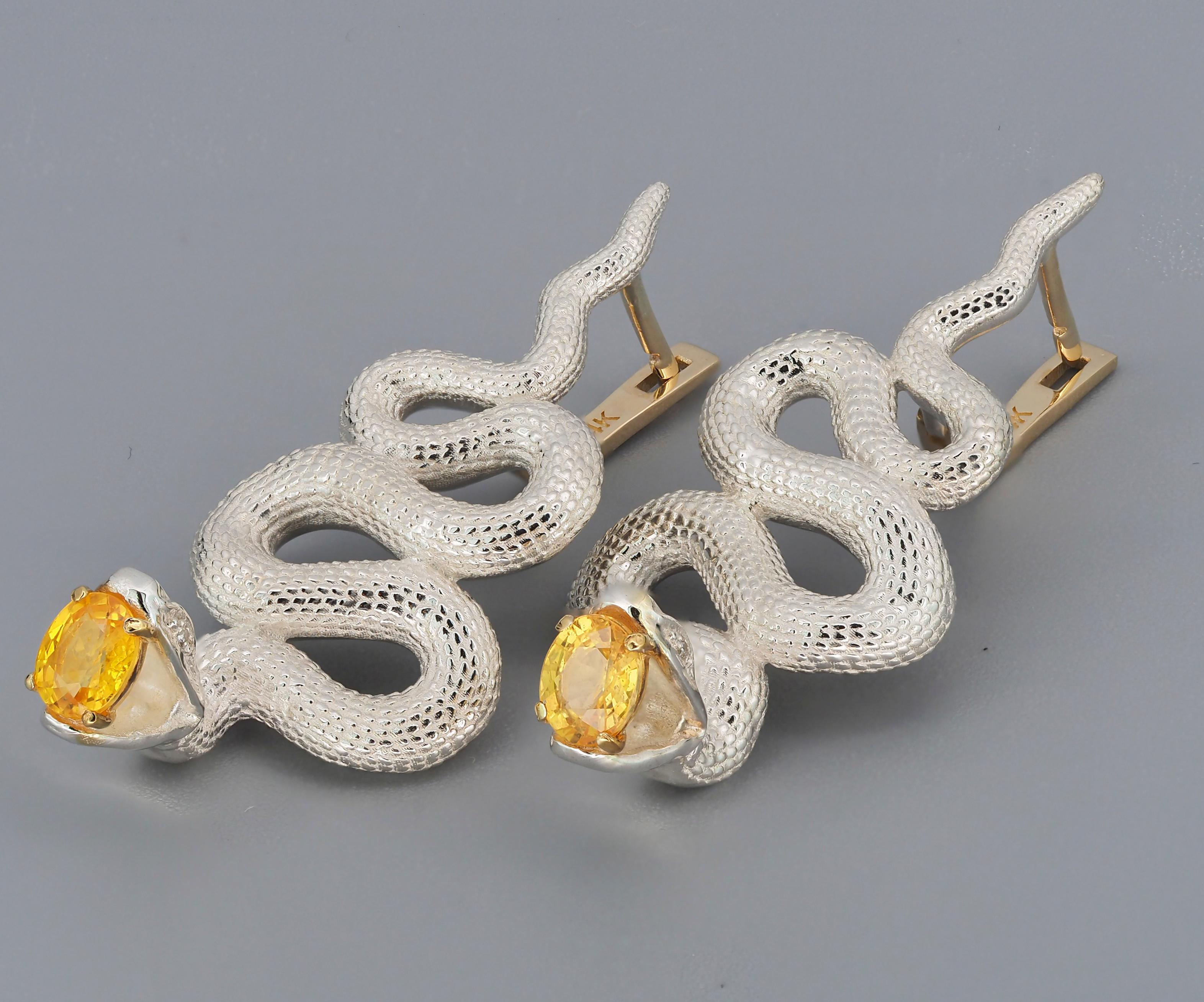 Modern Massive Snake Earrings with Sapphires in Opened Mouth and Diamonds in Eyes For Sale