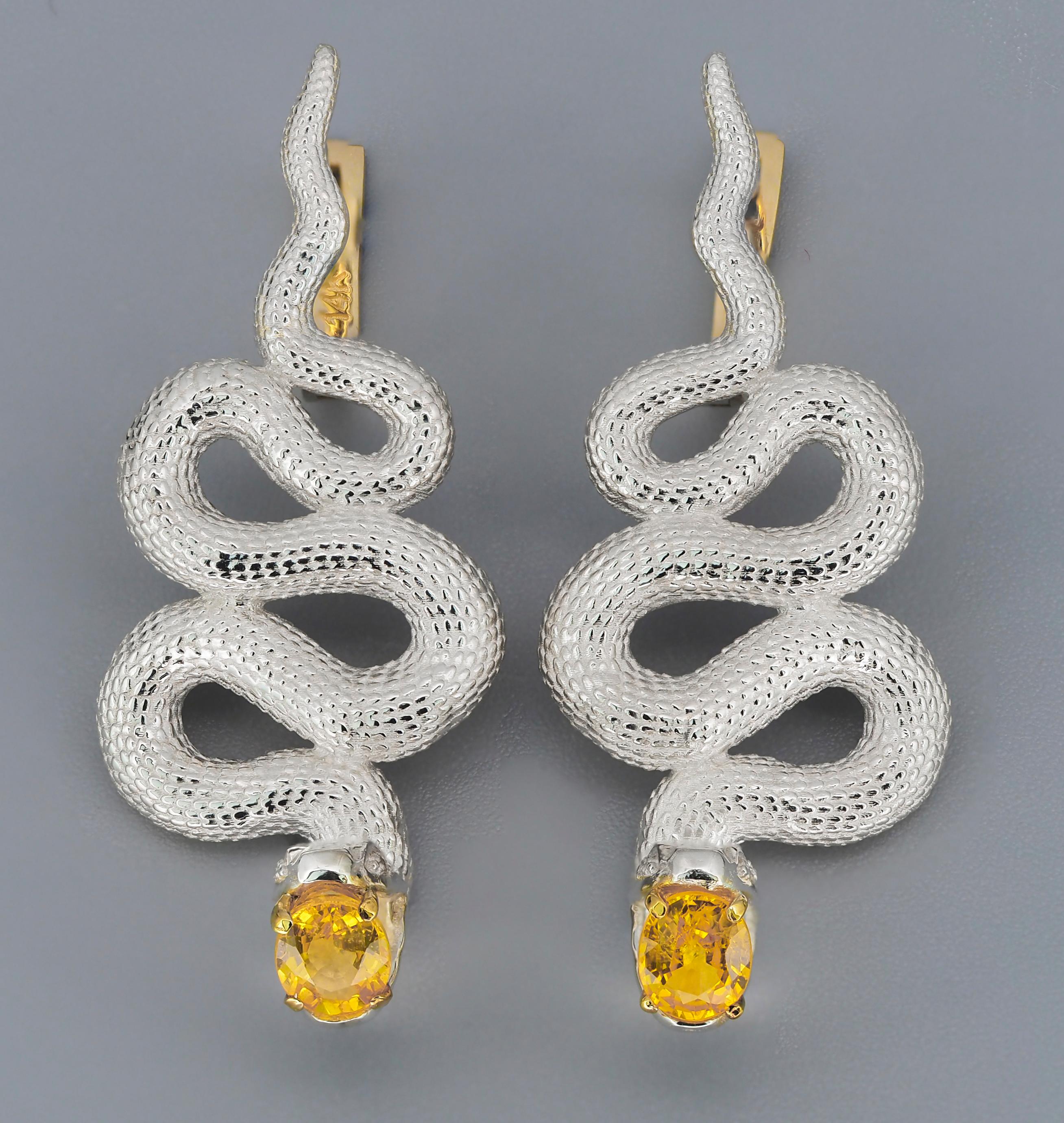 Oval Cut Massive Snake Earrings with Sapphires in Opened Mouth and Diamonds in Eyes For Sale