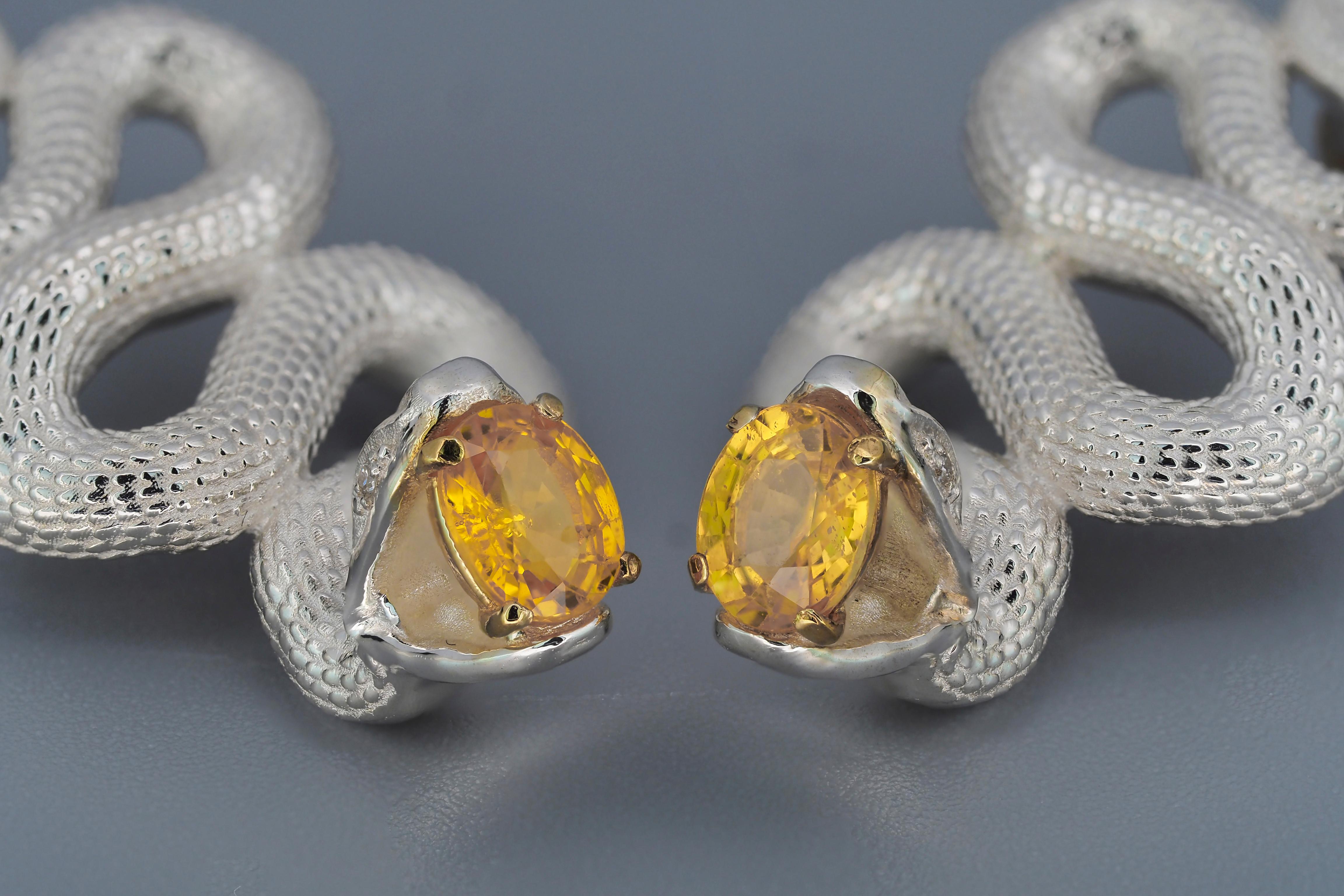 Women's Massive Snake Earrings with Sapphires in Opened Mouth and Diamonds in Eyes For Sale