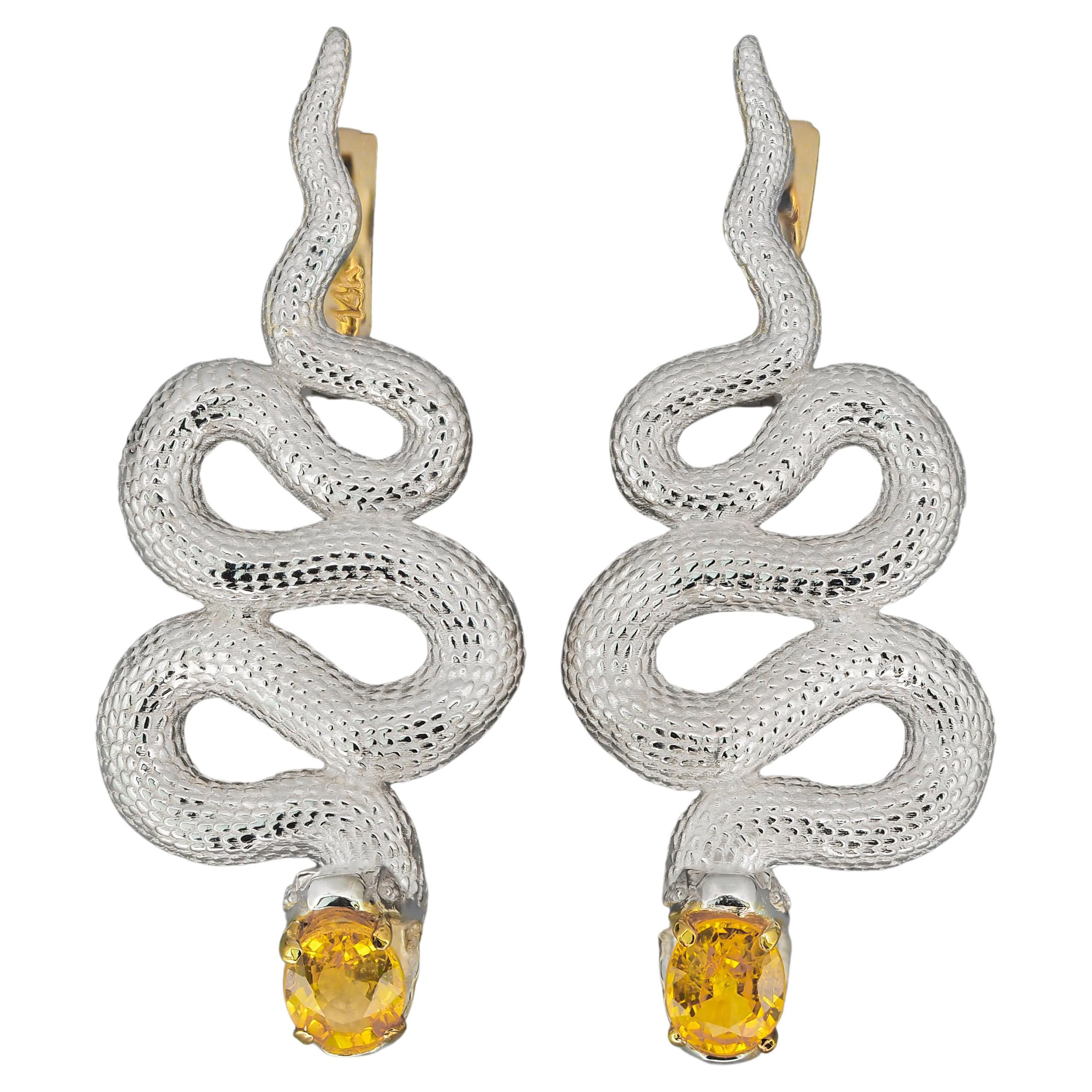 Massive Snake Earrings with Sapphires in Opened Mouth and Diamonds in Eyes For Sale