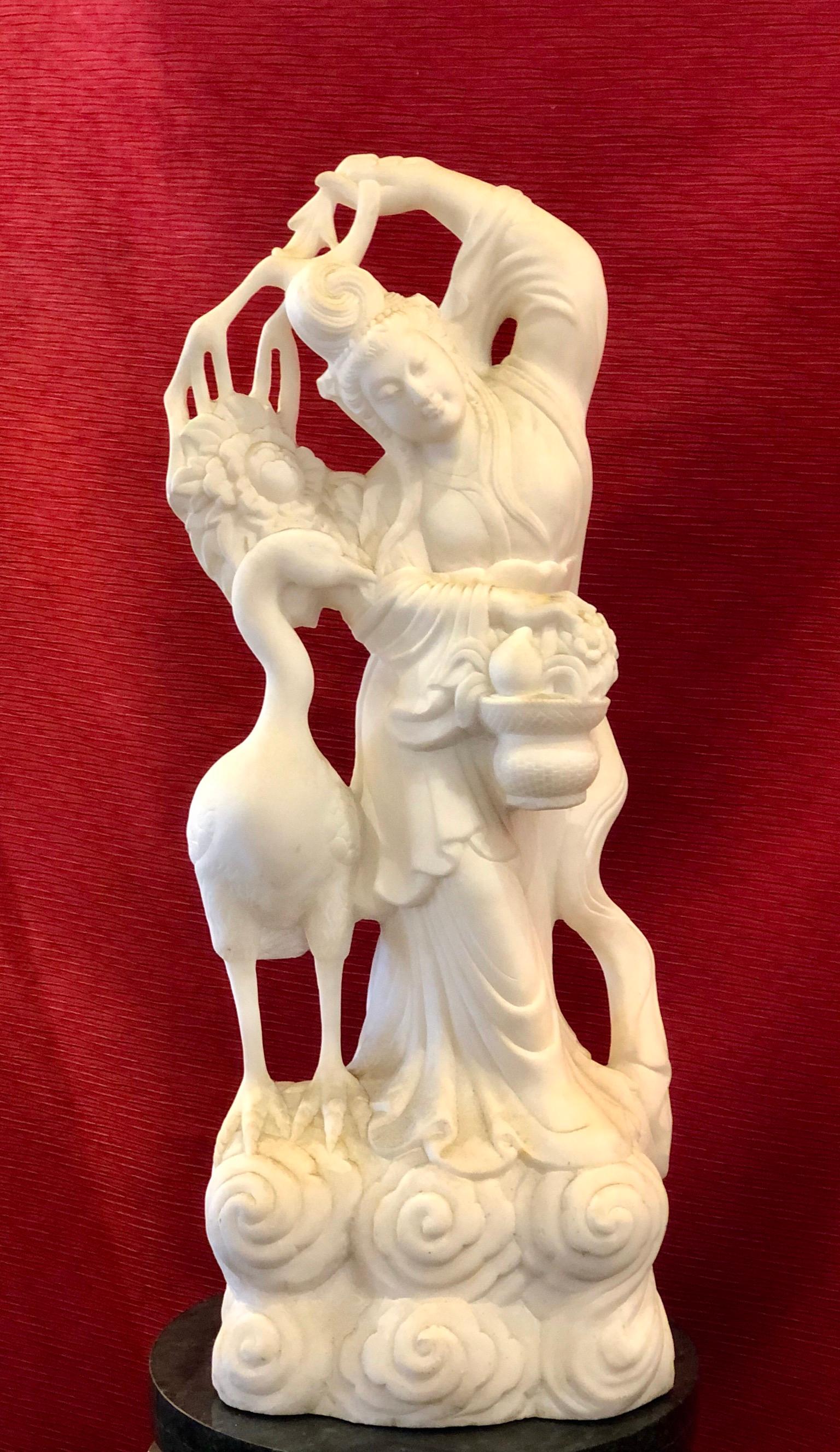 Massive Solid Alabaster Antique Hand Carved Asian Sculpture In Good Condition For Sale In San Diego, CA