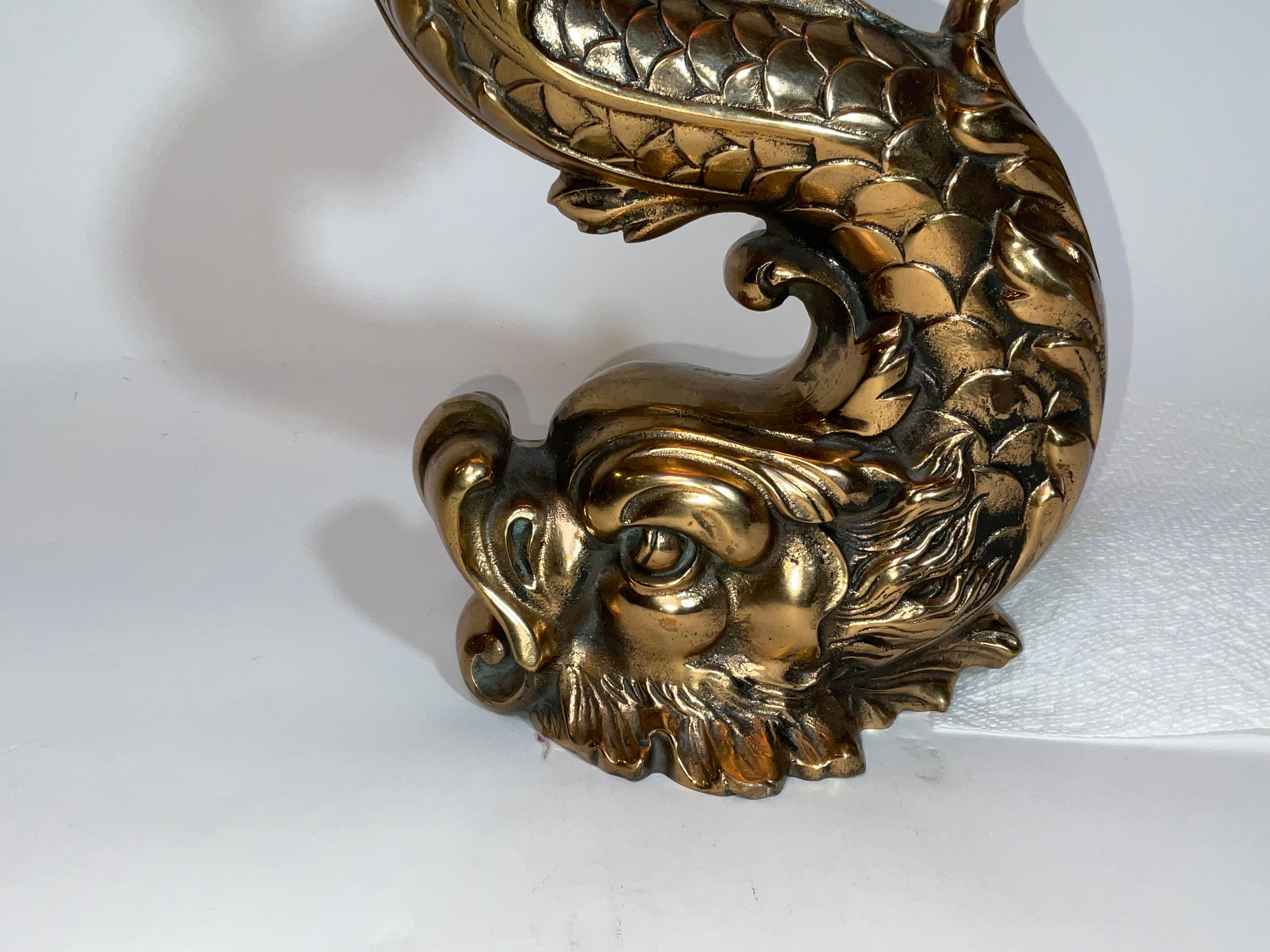 Early 20th Century Massive Solid Brass Mythical Dolphin as a Lamp For Sale