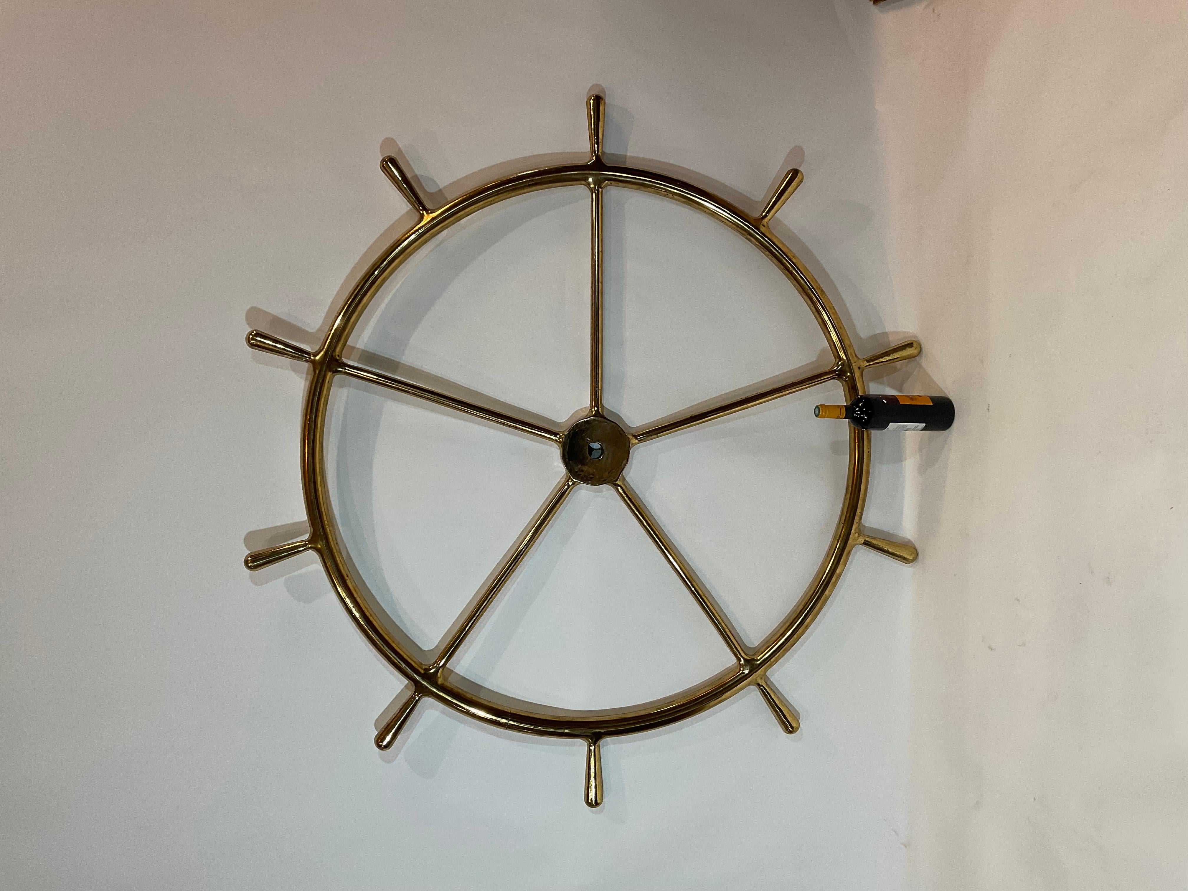 Massive Solid Brass Ships Wheel In Good Condition For Sale In Norwell, MA