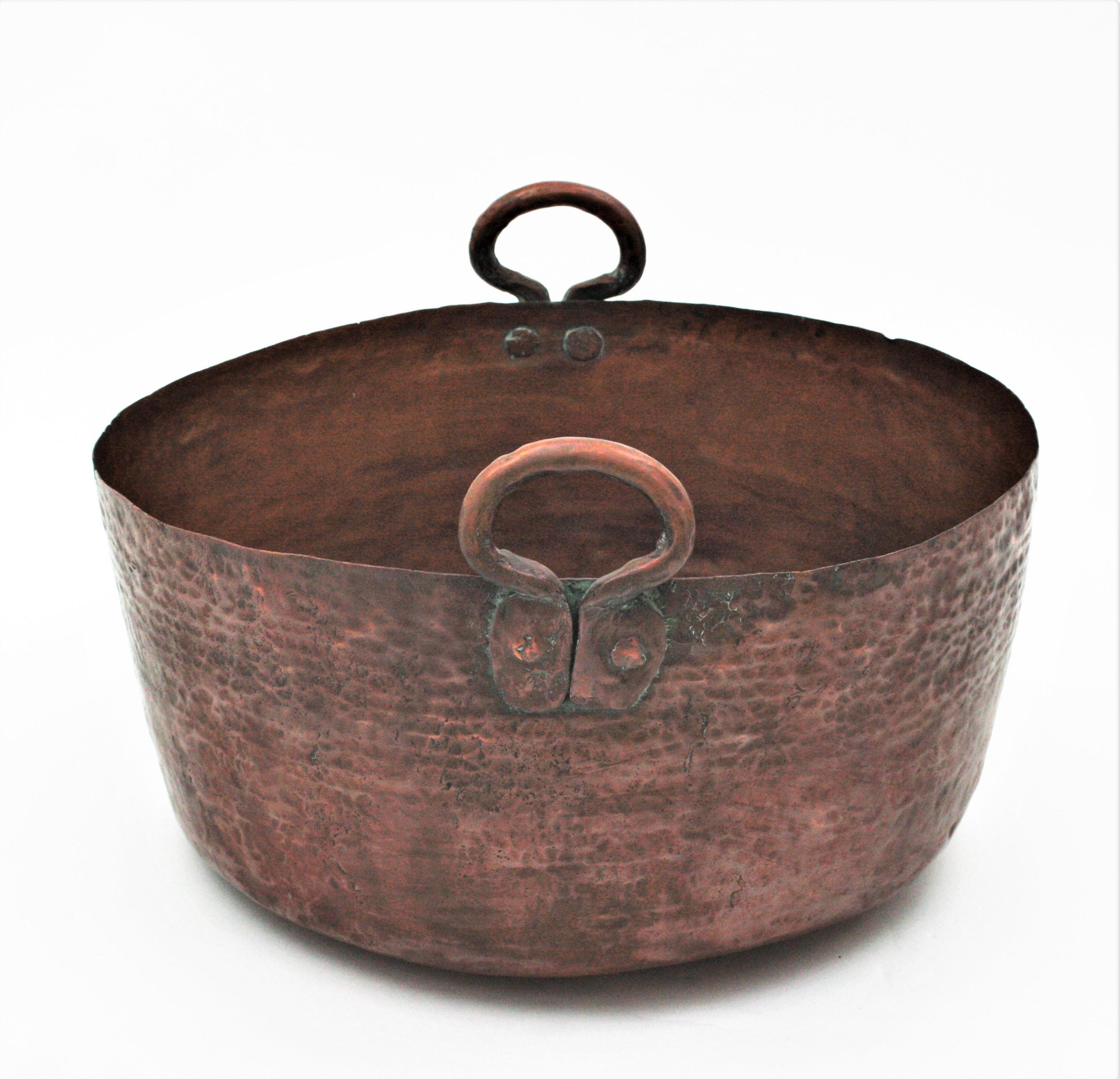 Rustic Massive Spanish Copper Cauldron with Handles For Sale