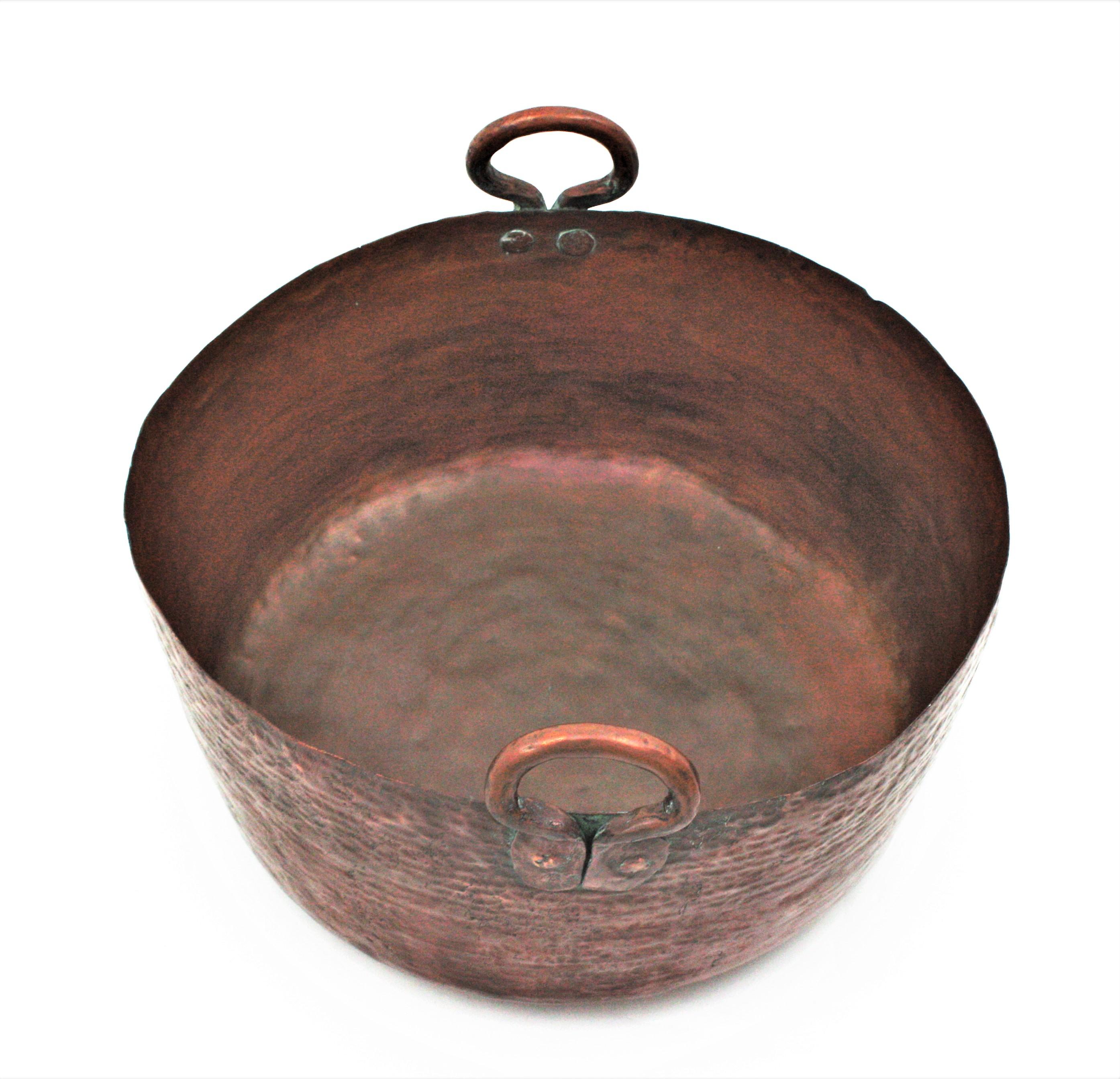 Hammered Massive Spanish Copper Cauldron with Handles For Sale