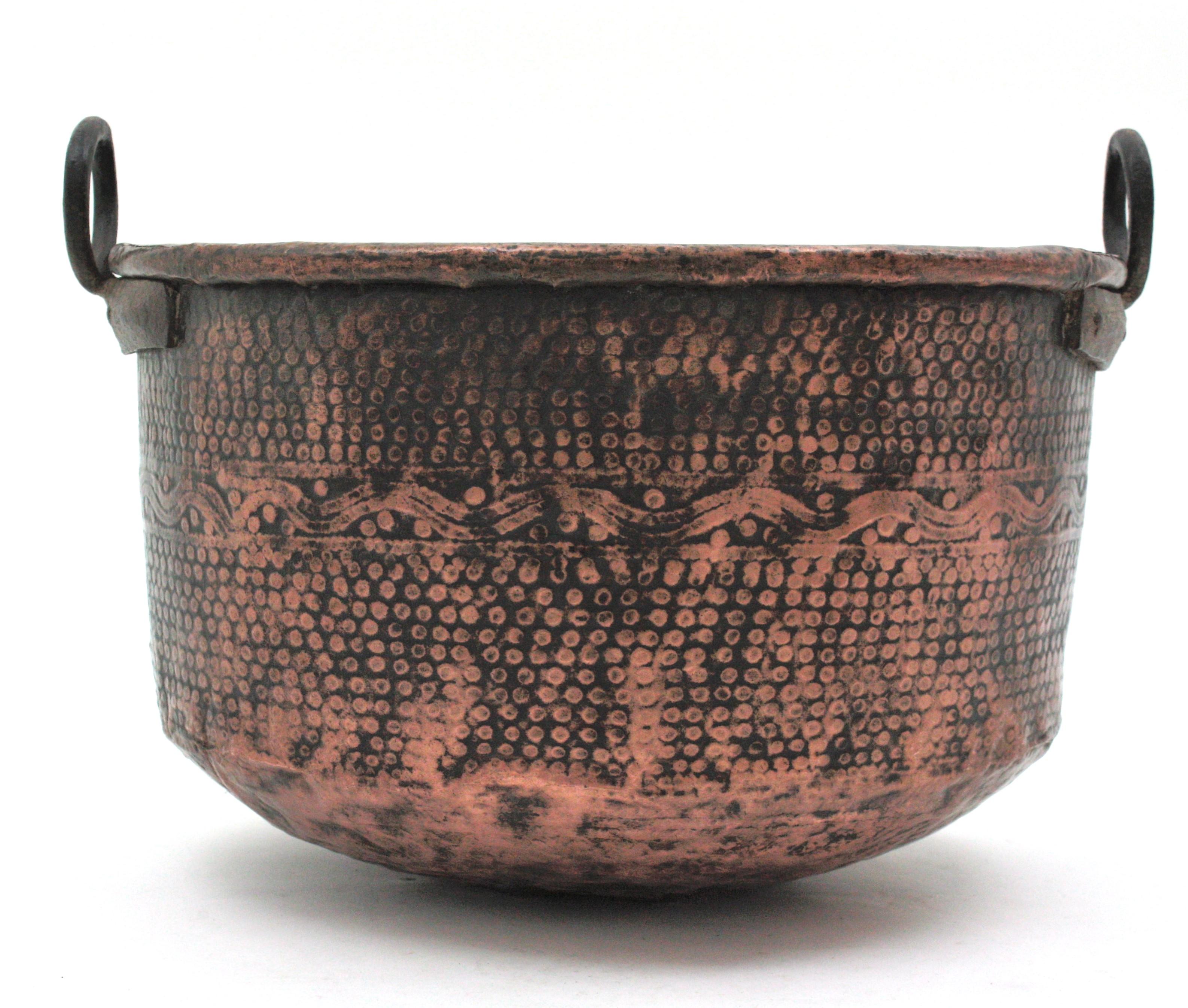 Hammered Massive Spanish Copper Cauldron with Iron Handles For Sale