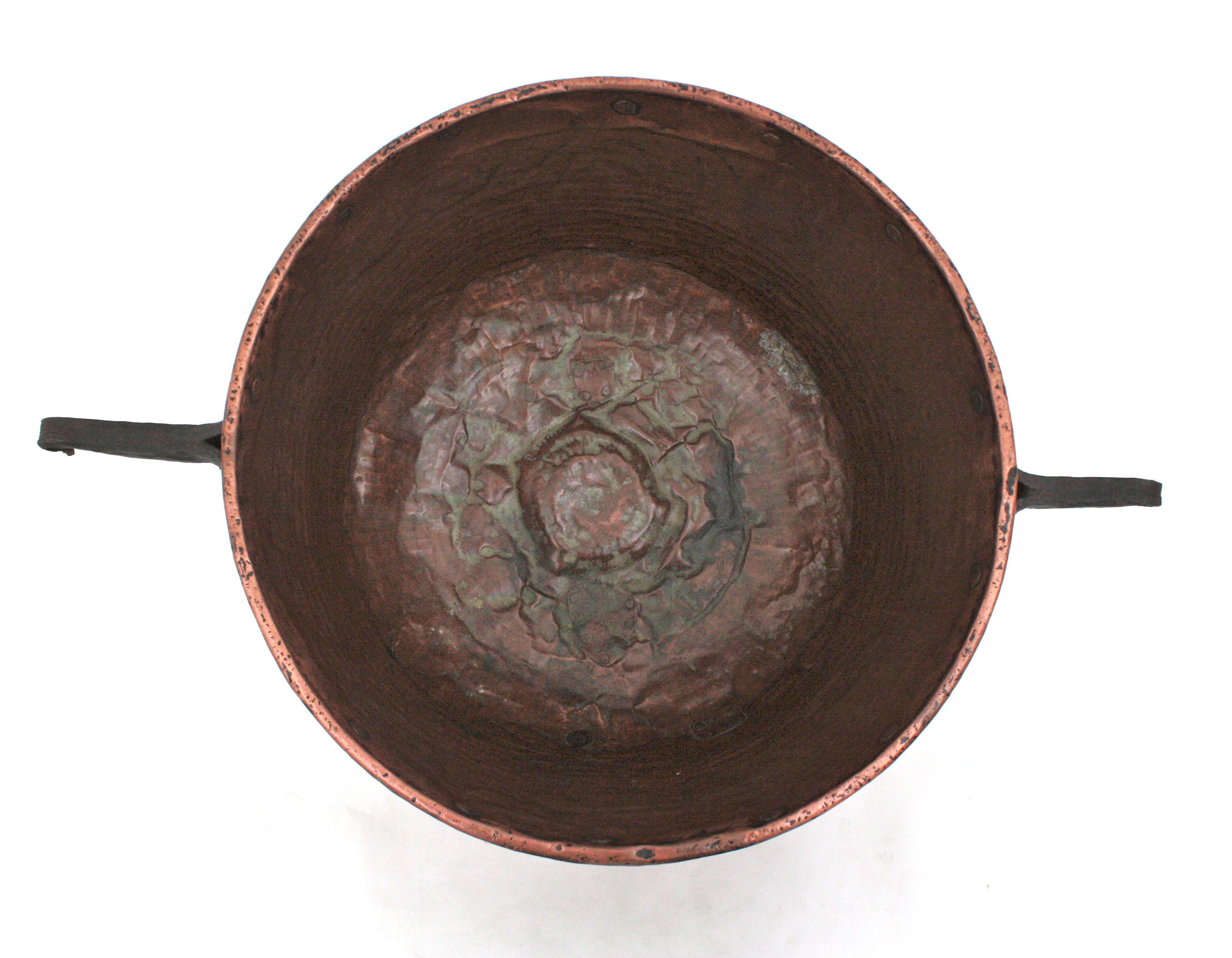 Massive Spanish Copper Cauldron with Iron Hook Handles For Sale 3