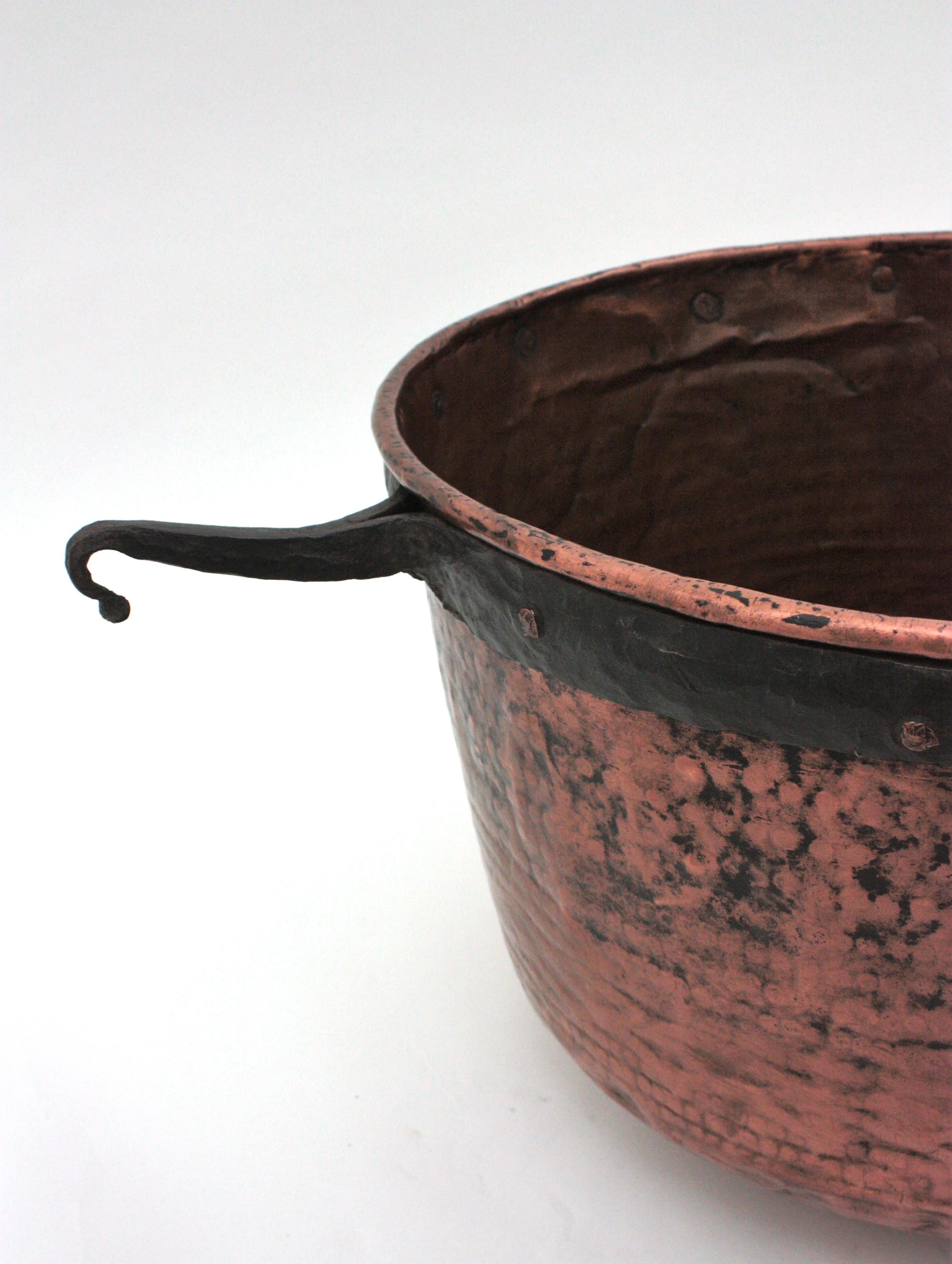 Massive Spanish Copper Cauldron with Iron Hook Handles For Sale 4