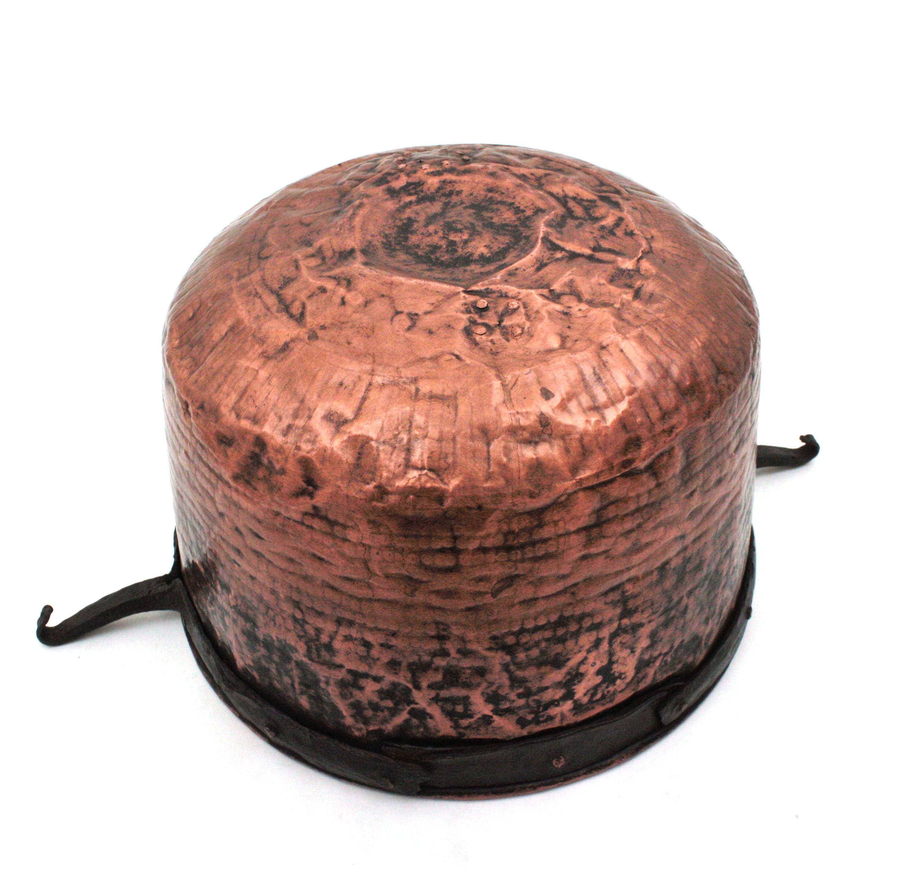 Massive Spanish Copper Cauldron with Iron Hook Handles For Sale 7