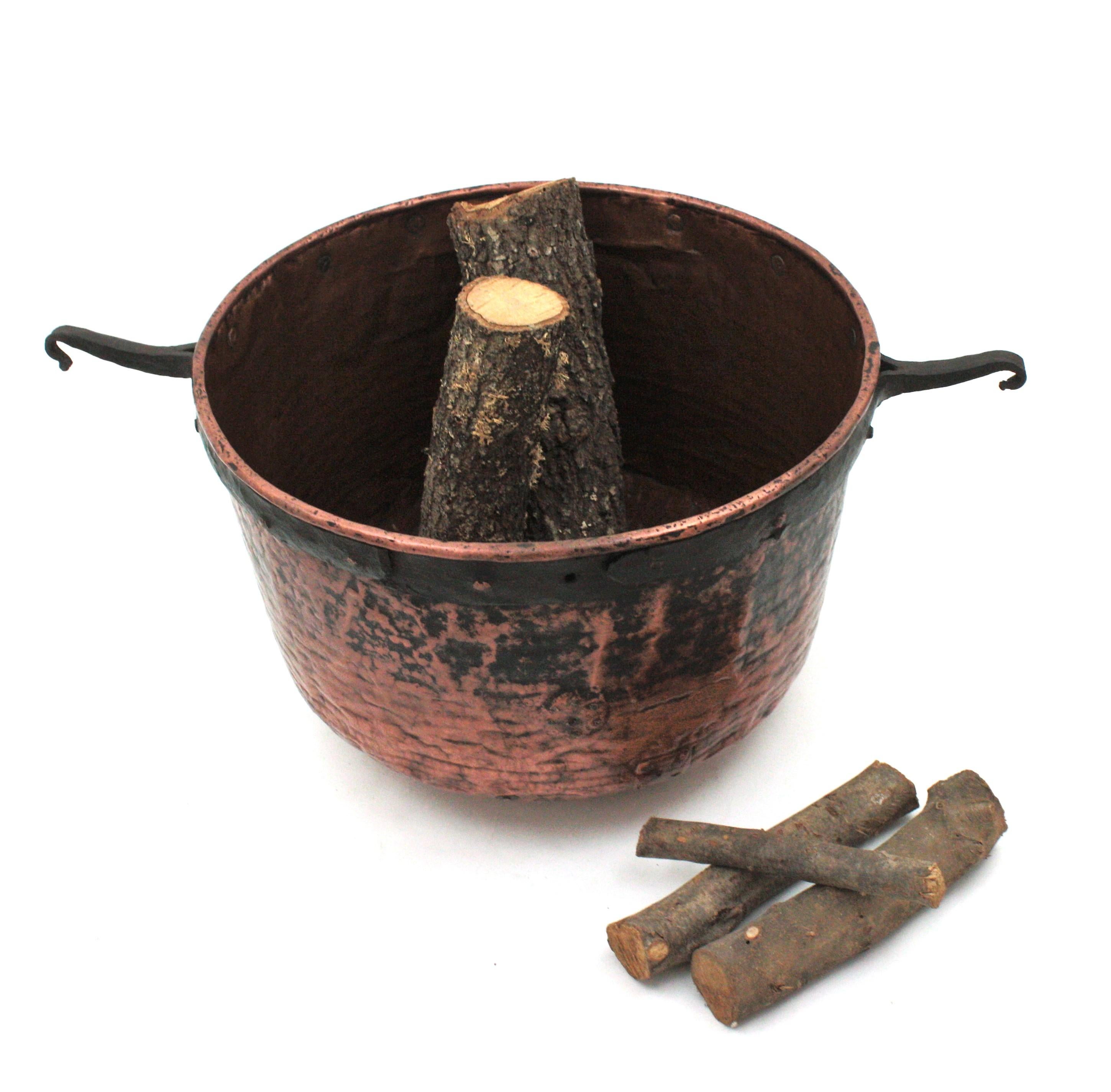 Massive Spanish Copper Cauldron with Iron Hook Handles For Sale 9