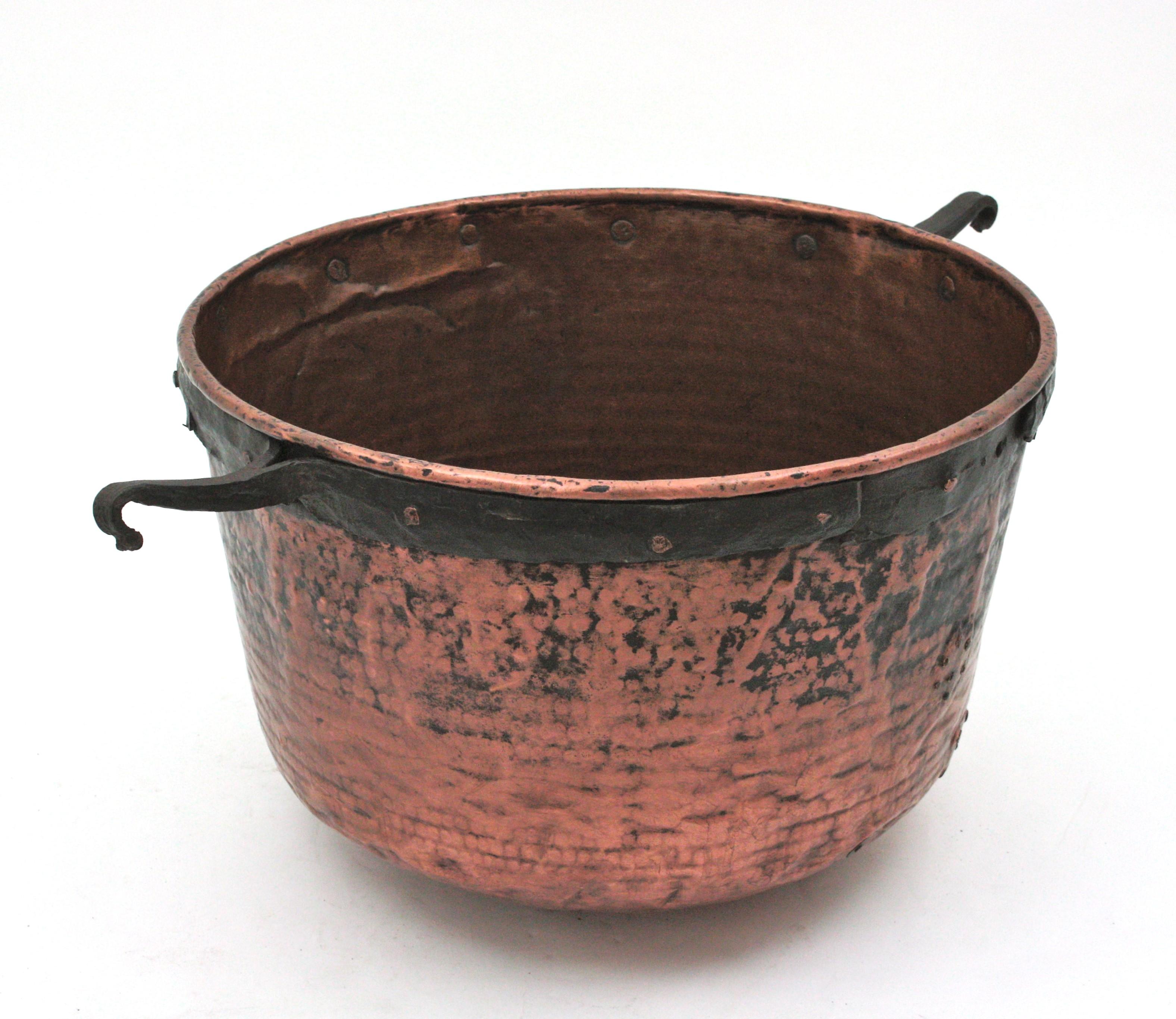 Massive Spanish Copper Cauldron with Iron Hook Handles For Sale 12