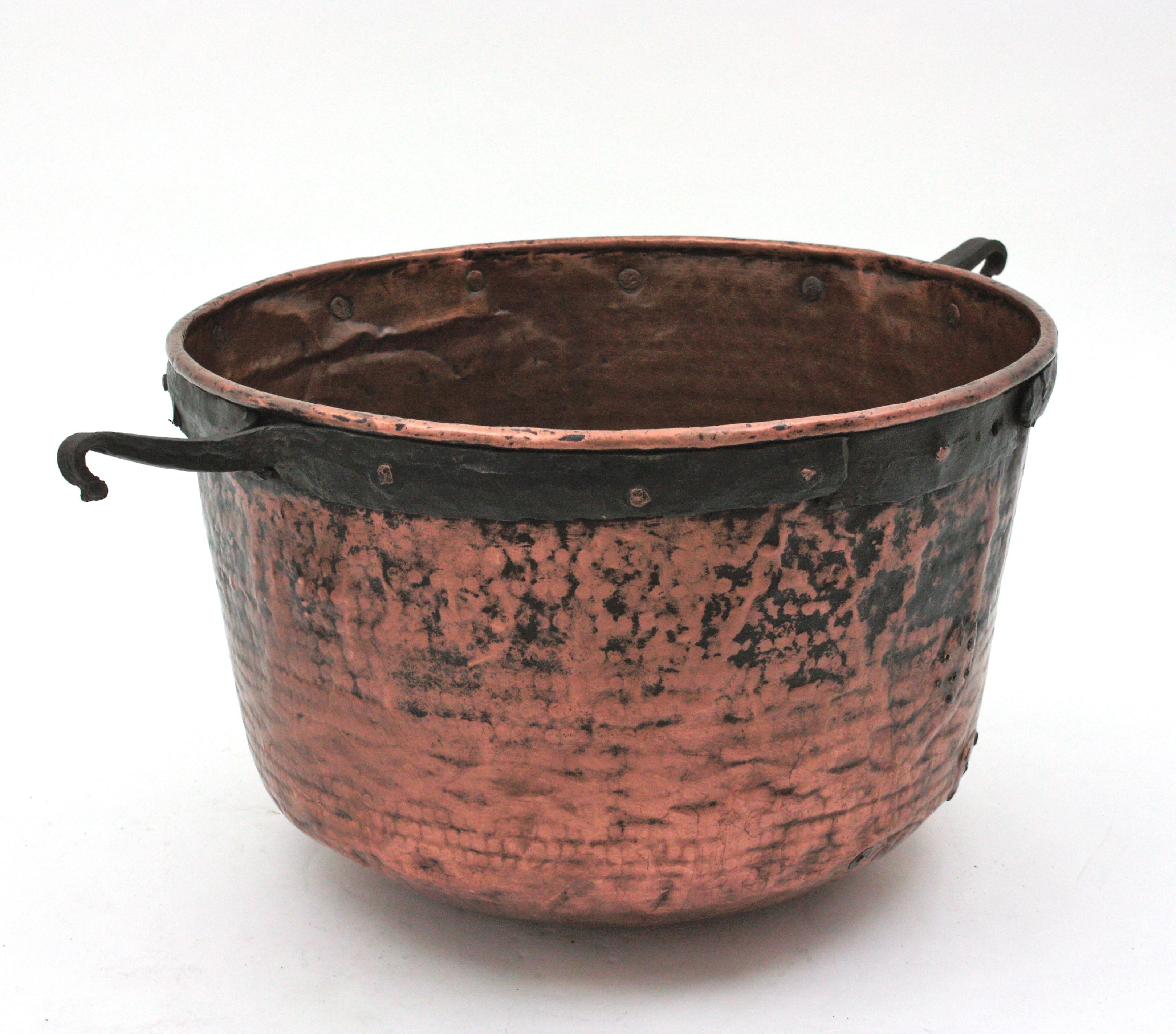 Massive Spanish Copper Cauldron with Iron Hook Handles For Sale 13