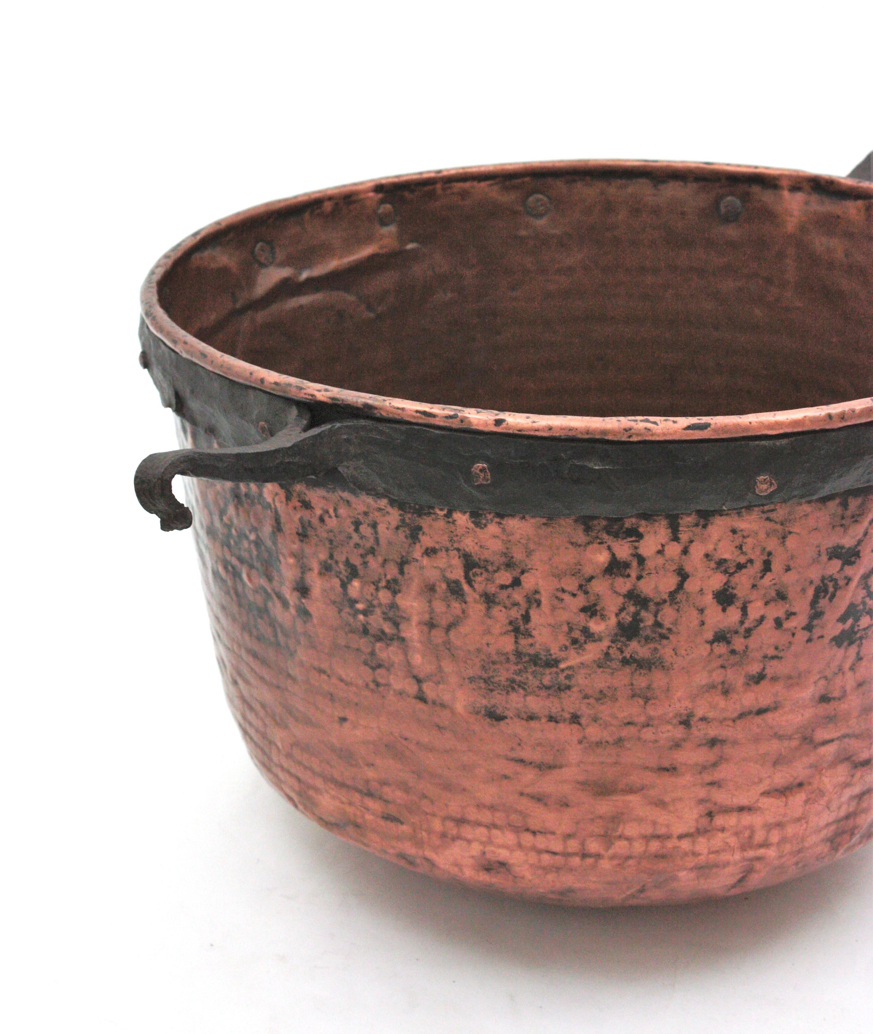 Hammered Massive Spanish Copper Cauldron with Iron Hook Handles For Sale