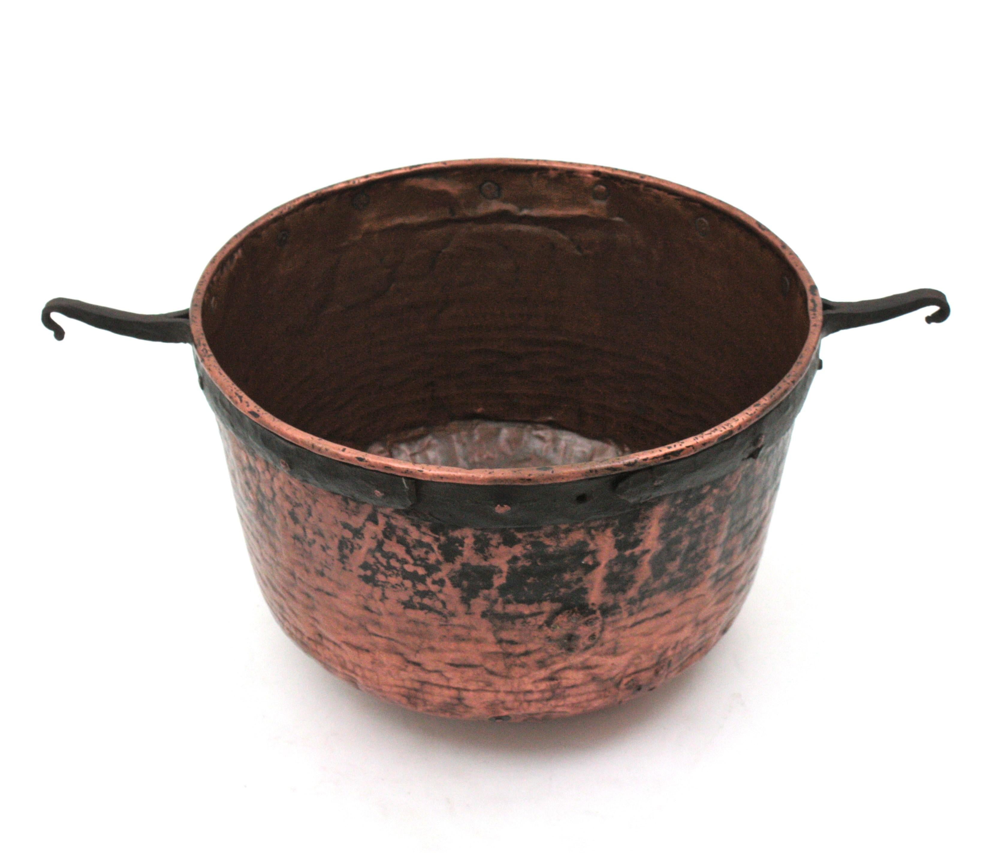 20th Century Massive Spanish Copper Cauldron with Iron Hook Handles For Sale