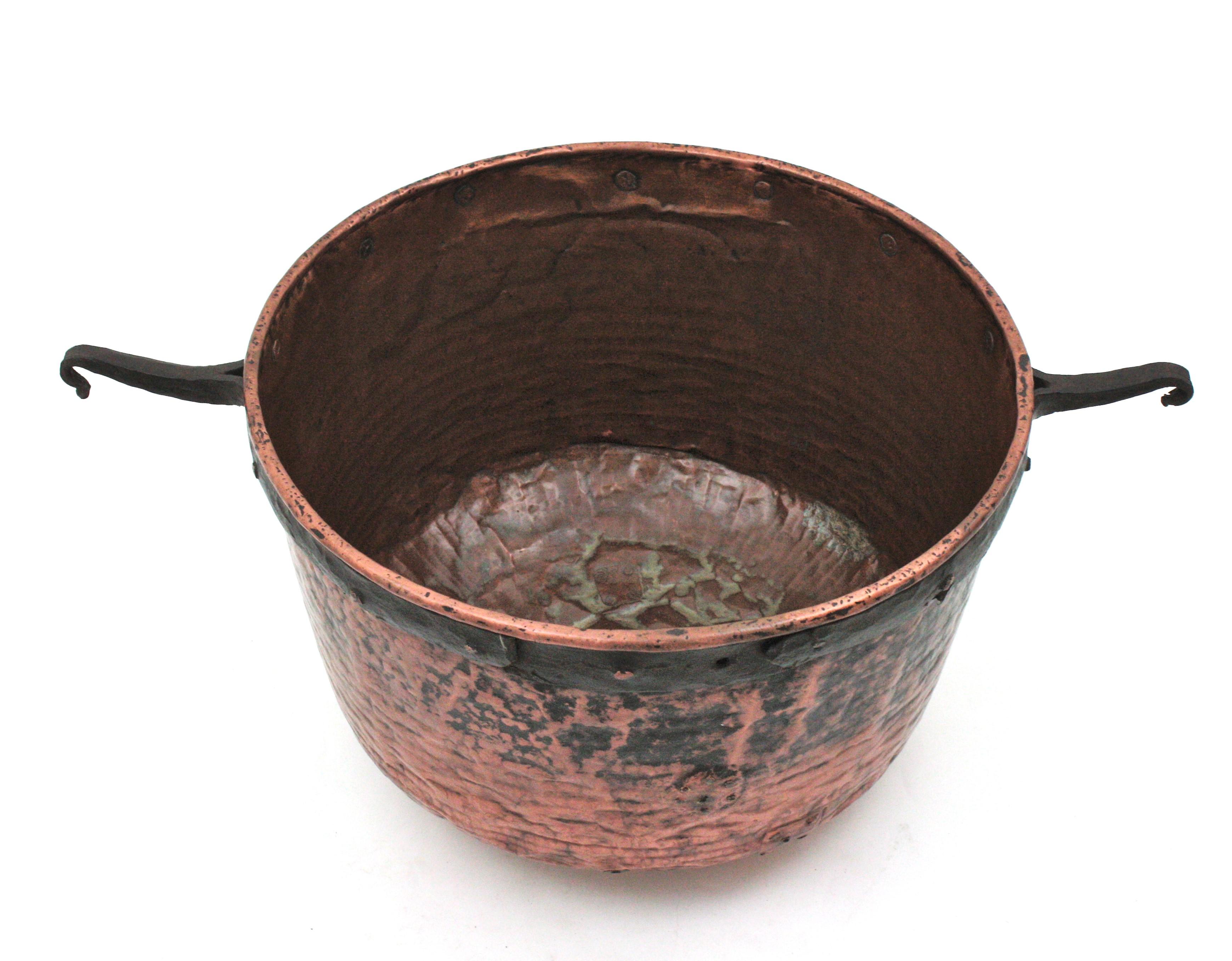 Massive Spanish Copper Cauldron with Iron Hook Handles For Sale 1
