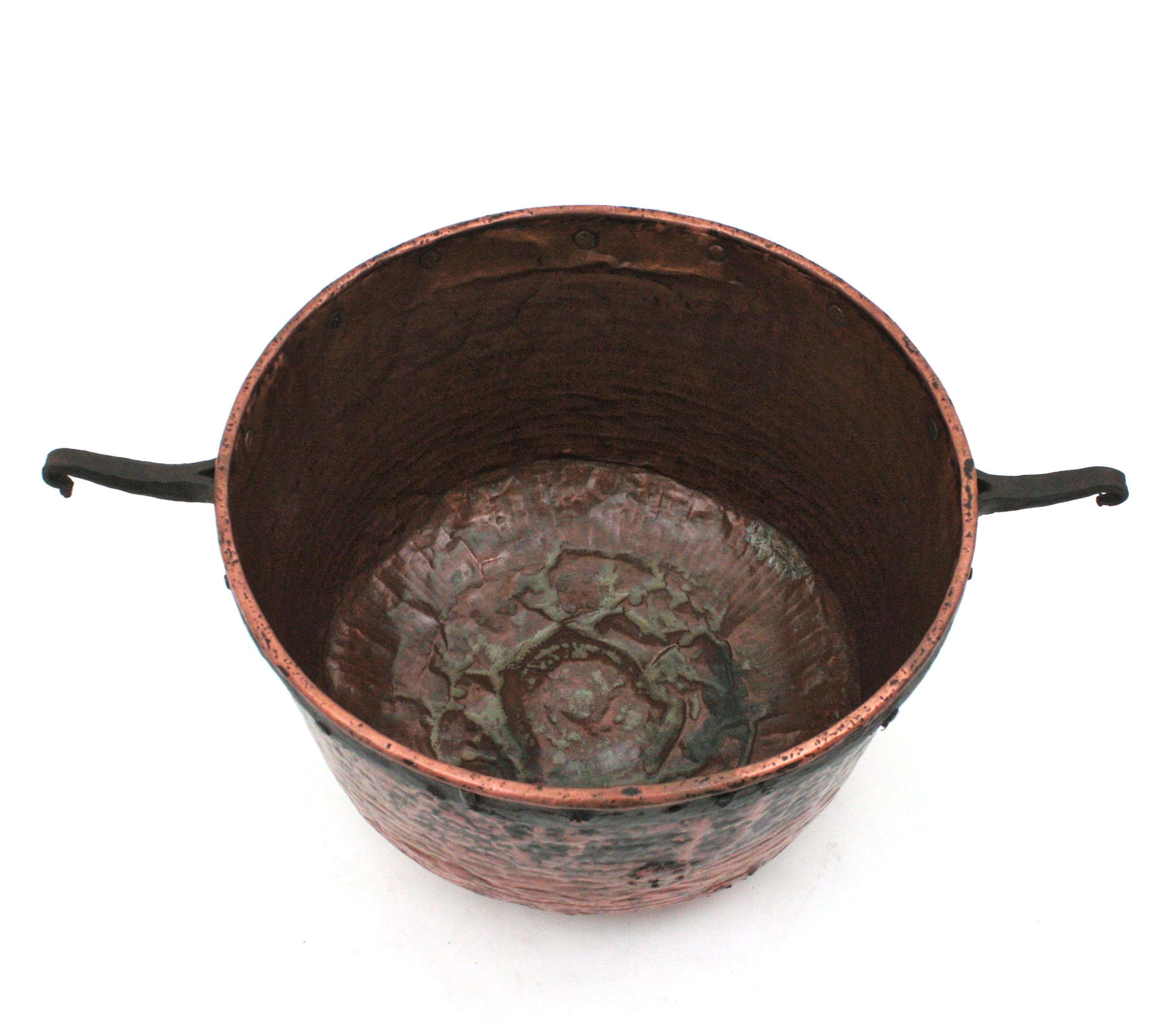Massive Spanish Copper Cauldron with Iron Hook Handles For Sale 2