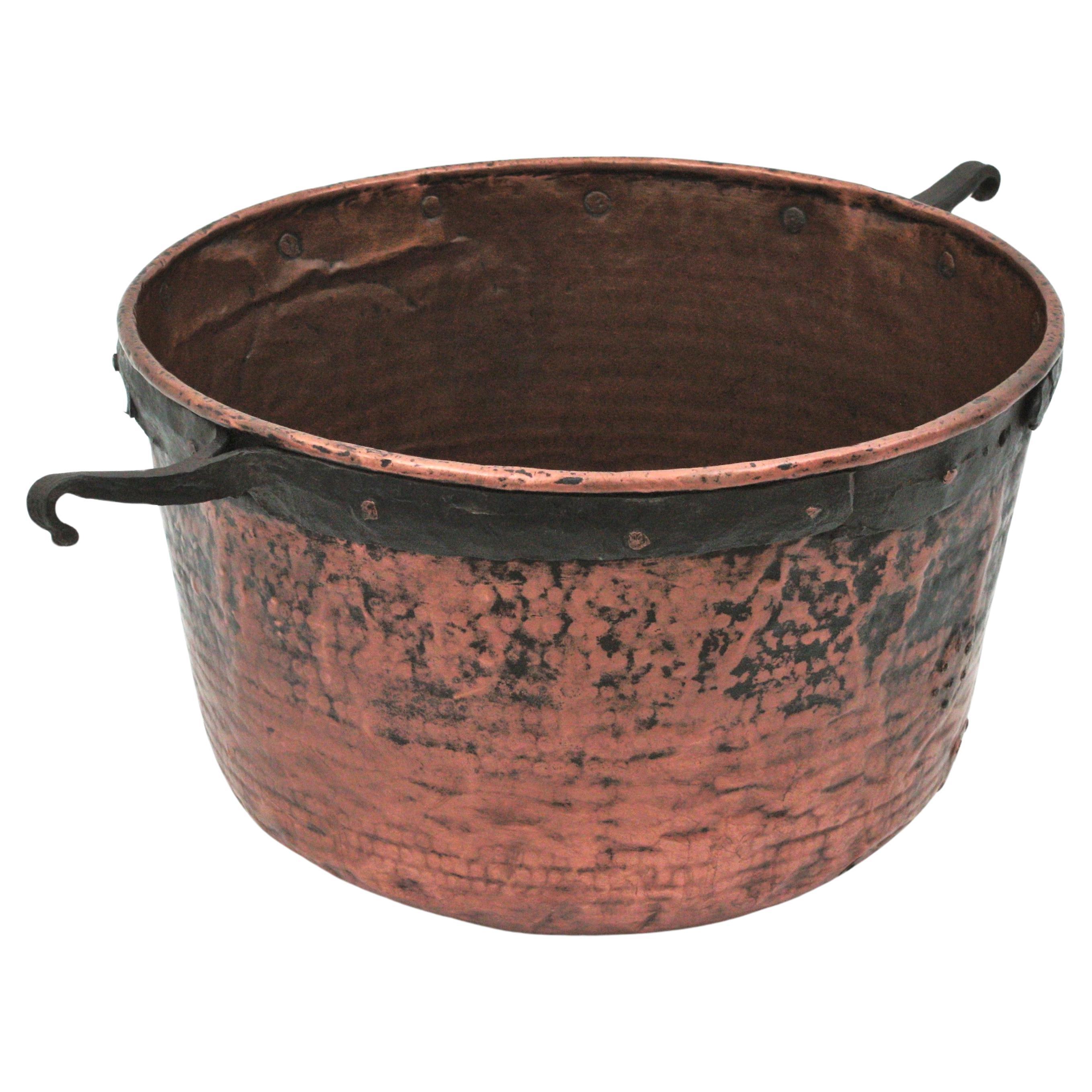Massive Spanish Copper Cauldron with Iron Hook Handles For Sale