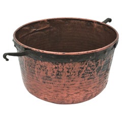 Vintage Massive Spanish Copper Cauldron with Iron Hook Handles