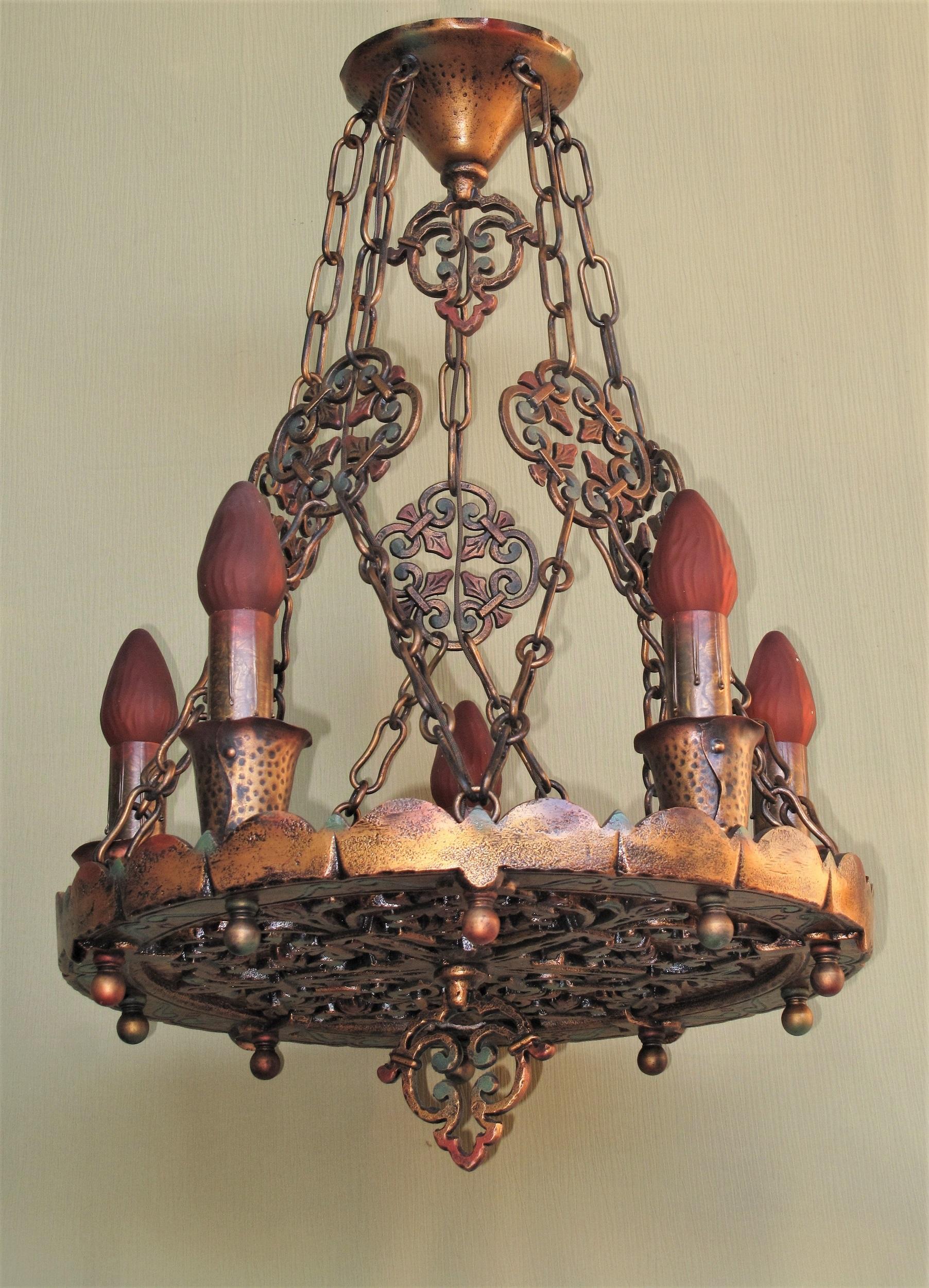 American Massive Spanish Revival Chandelier with Four Matching Sconces