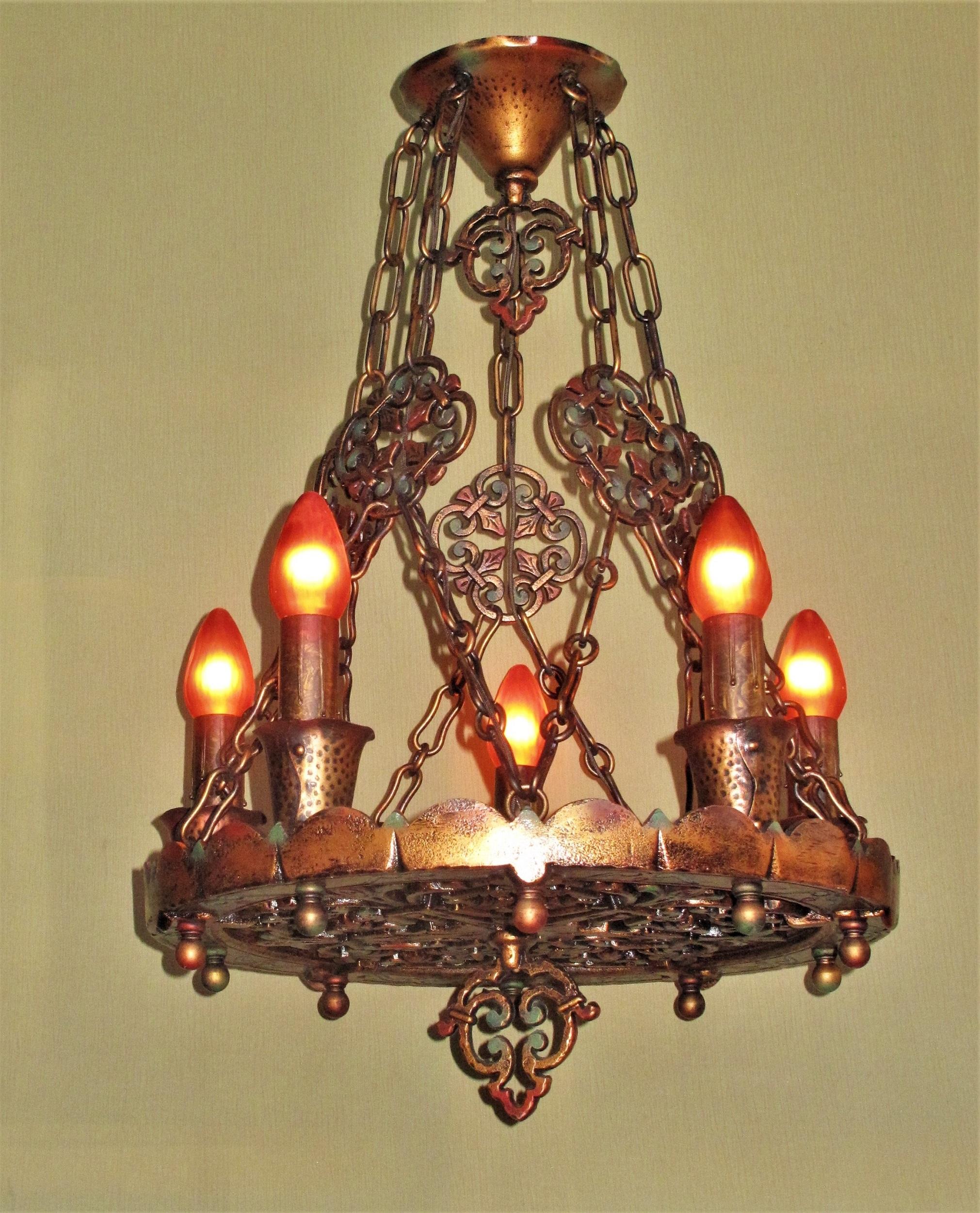 Early 20th Century Massive Spanish Revival Chandelier with Four Matching Sconces