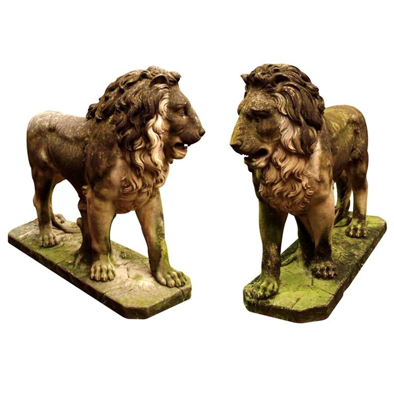 Massive Standing Entry Lions In Hand Carved Limestone For Sale