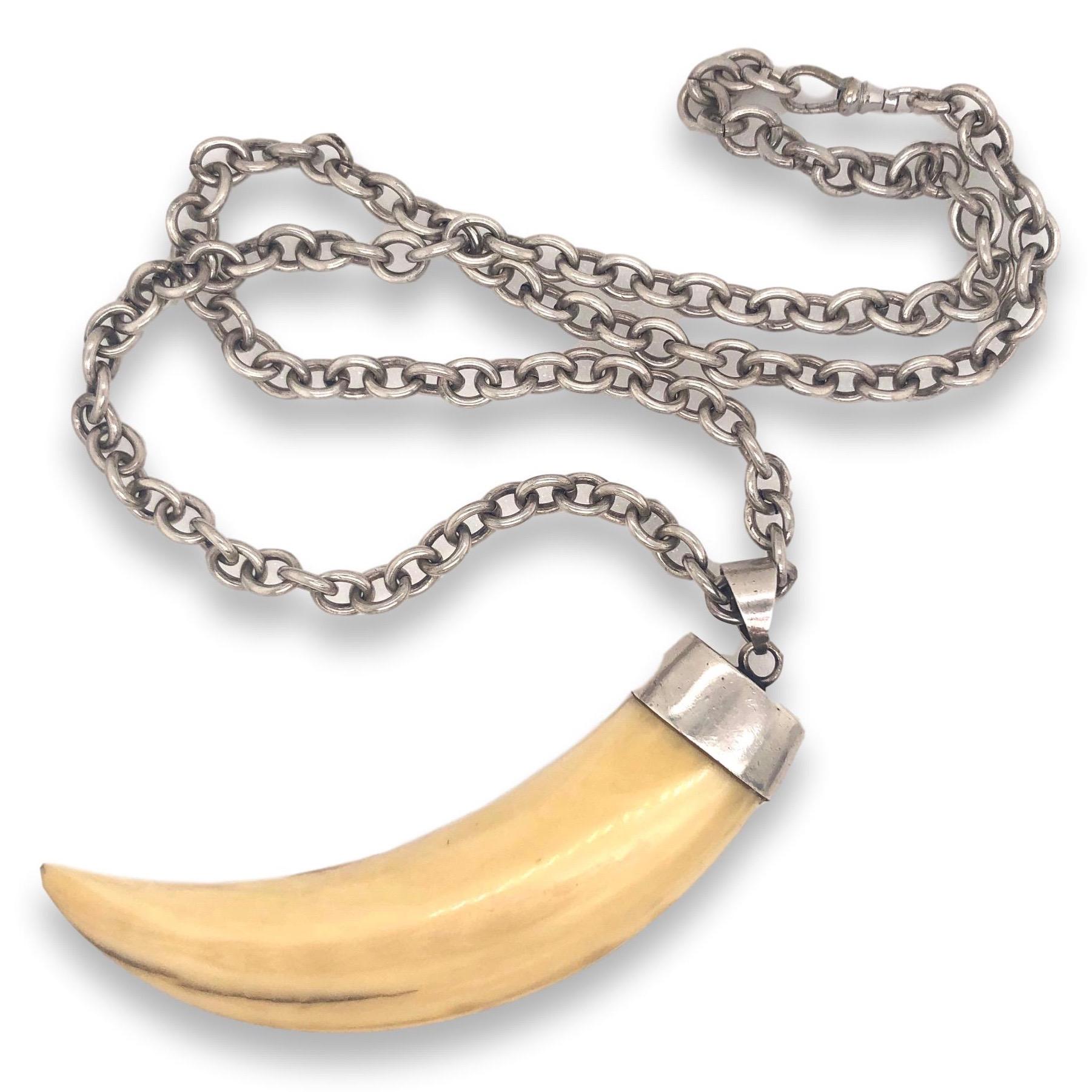 Modernist Massive Sterling Mounted Bone Tusk with Sterling Silver Chain, 1970s
