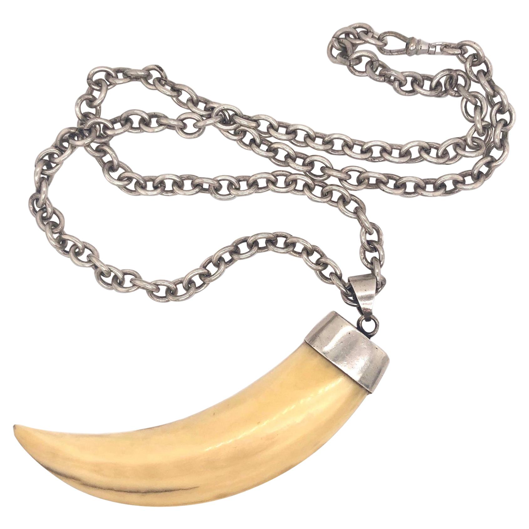 Massive Sterling Mounted Bone Tusk with Sterling Silver Chain, 1970s