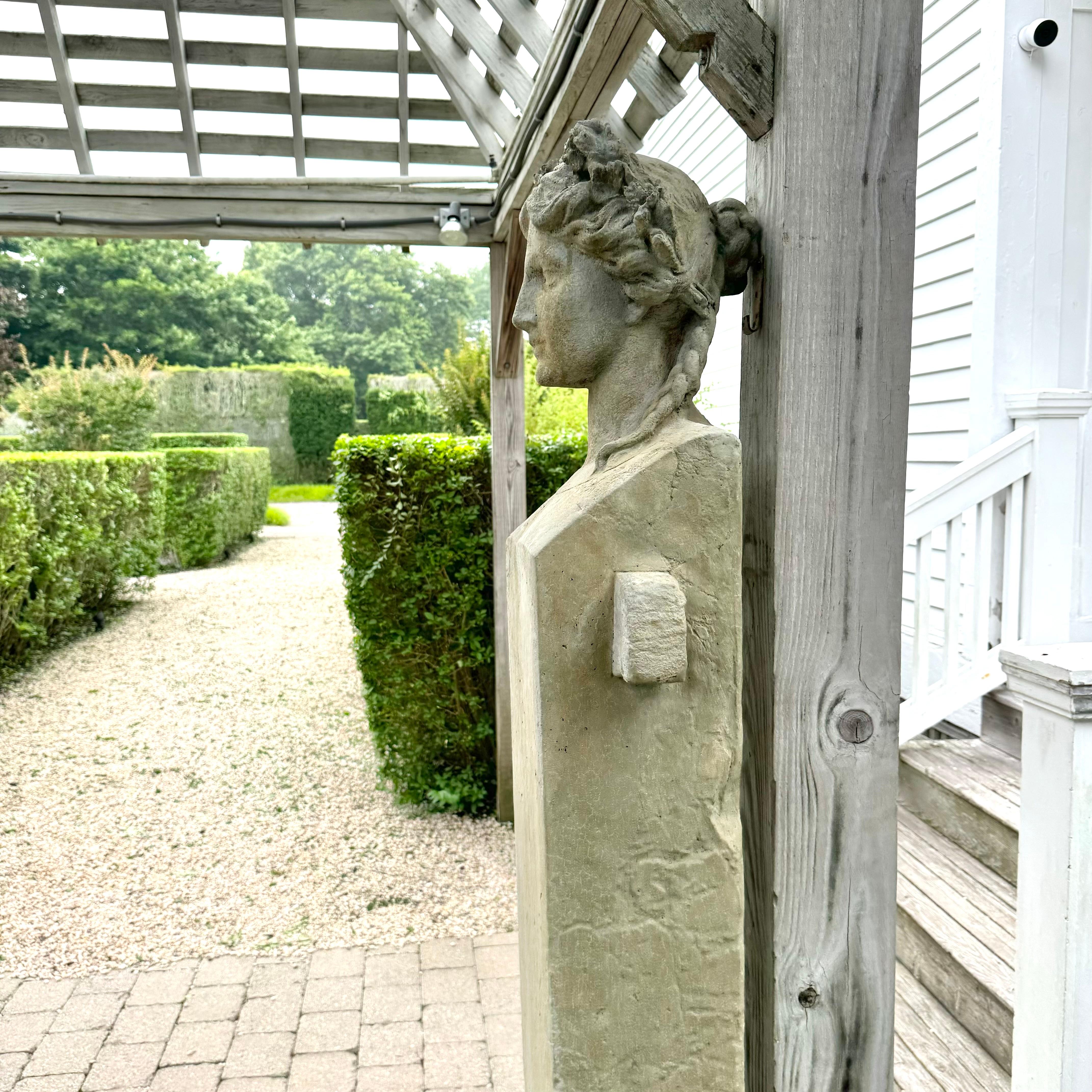 Beautiful cast stone garden terminal of the Greek goddess Aphrodite. Massive. Wonderful details with a sleek silhouette. Grandiose yet refined presence. Made circa the 1980's in the Greek Revival style. Garden terminals were originally used to mark