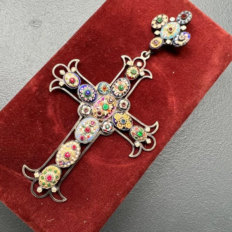 MASSIVE Stunning Antique French Bresse Enamel Cross Pendant RARE For Sale 5