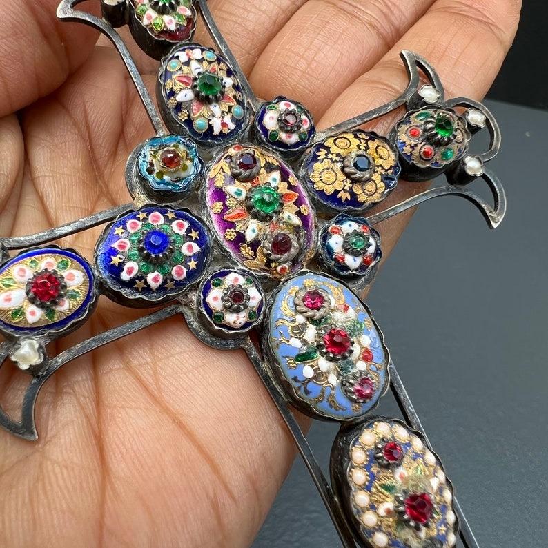 Victorian MASSIVE Stunning Antique French Bresse Enamel Cross Pendant RARE For Sale