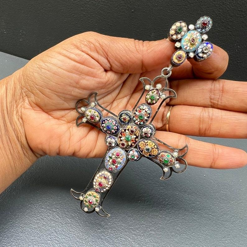 MASSIVE Stunning Antique French Bresse Enamel Cross Pendant RARE In Good Condition For Sale In Monroe Township, NJ