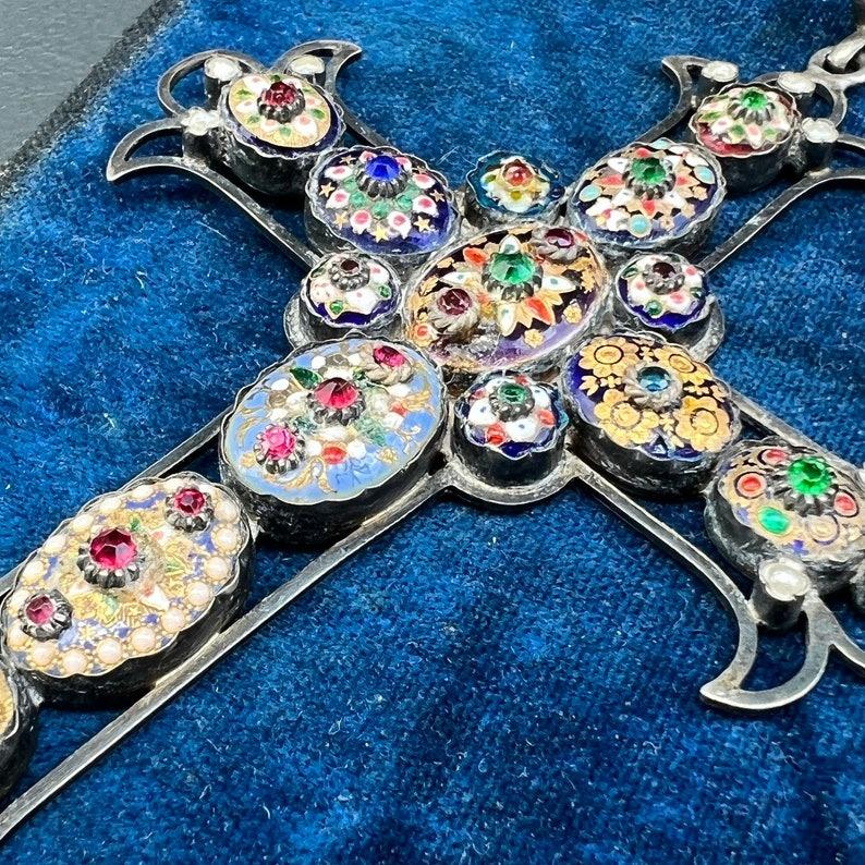 MASSIVE Stunning Antique French Bresse Enamel Cross Pendant RARE For Sale 1