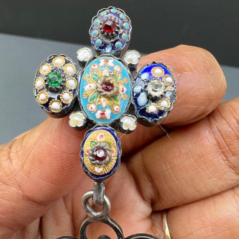 MASSIVE Stunning Antique French Bresse Enamel Cross Pendant RARE For Sale 2