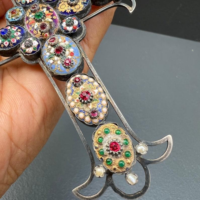MASSIVE Stunning Antique French Bresse Enamel Cross Pendant RARE For Sale 3
