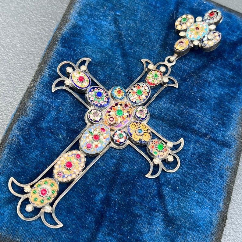 MASSIVE Stunning Antique French Bresse Enamel Cross Pendant RARE For Sale 4