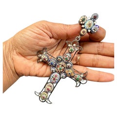 MASSIVE Stunning Antique French Bresse Enamel Cross Pendant RARE