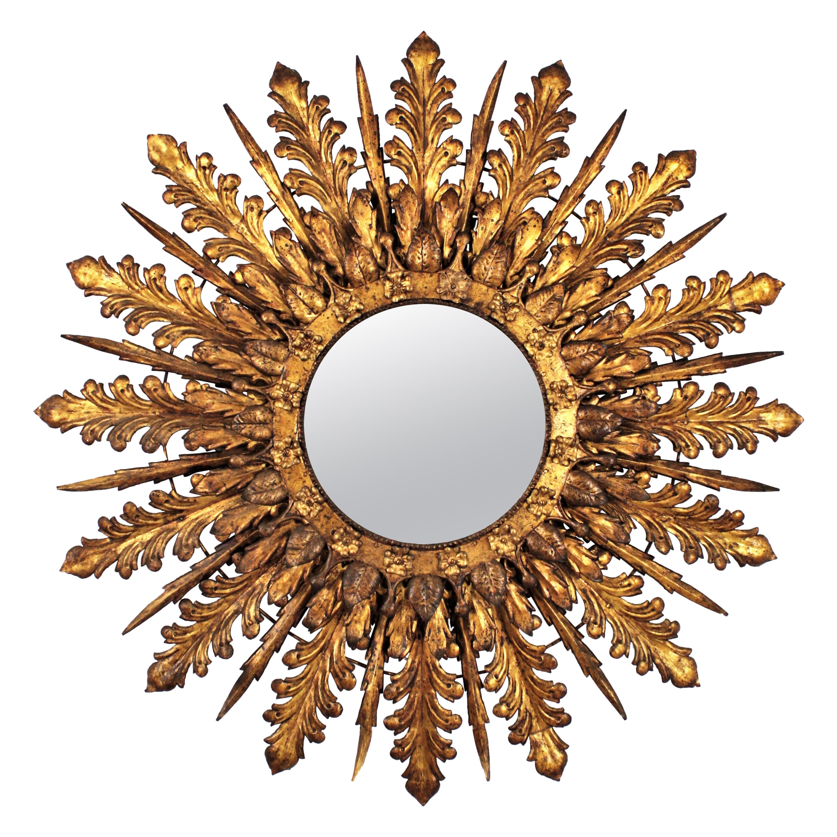 Massive Sunburst Mirror / Sunburst Light Fixture in Gilt Iron, France 1940s