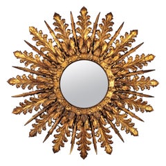 Massive Sunburst Mirror / Sunburst Light Fixture in Gilt Iron, France 1940s