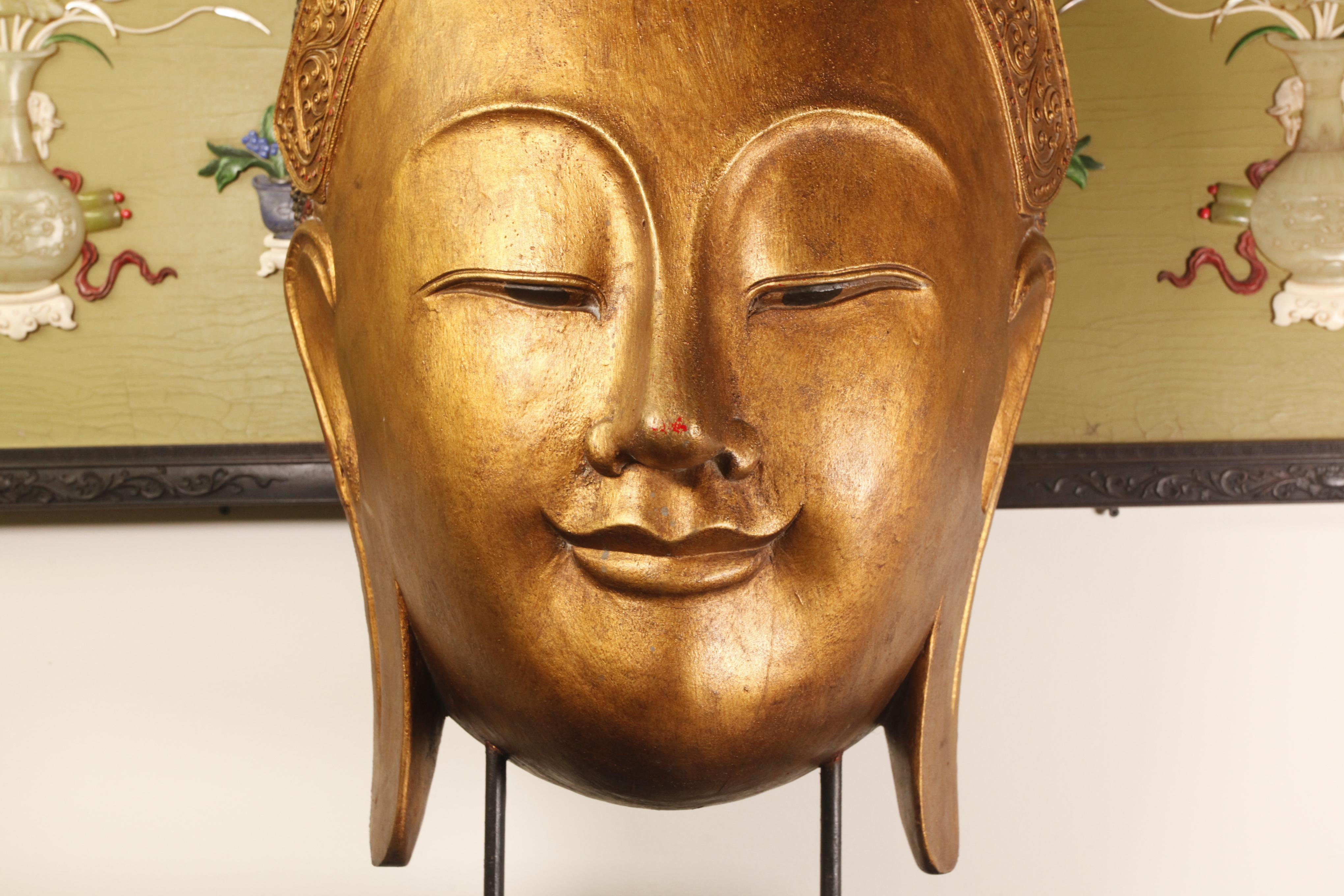 Wood massive Thai Buddha Head, 19th c. For Sale