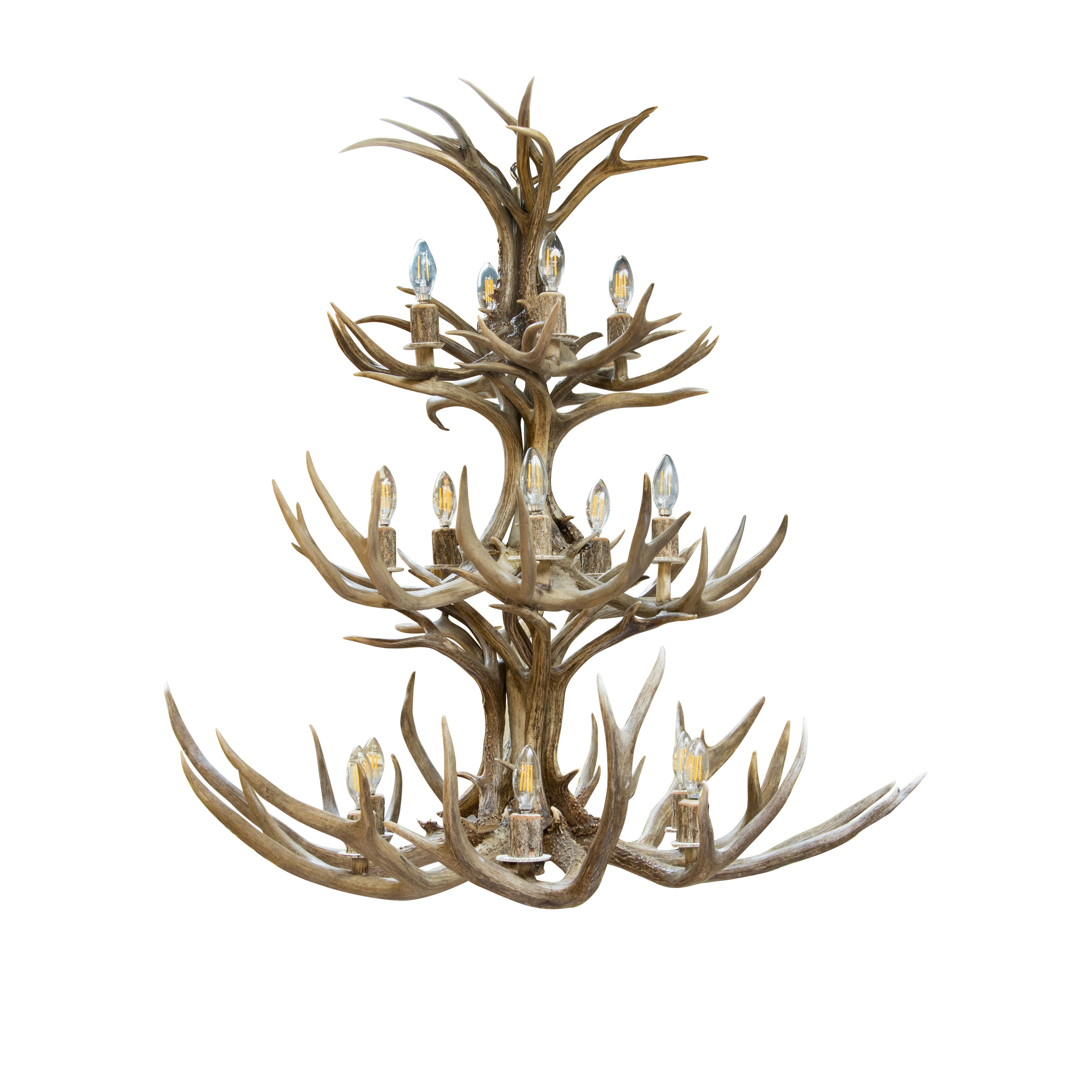 Massive three tier mule deer chandelier. Natural antlers, not dyed. 15 light, 43