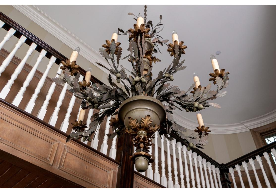 Massive Tole Leaf Decorated Ten Light Tiered Chandelier For Sale 1