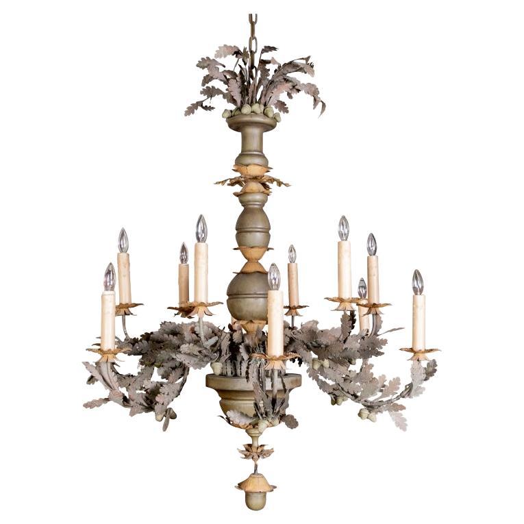 Massive Tole Leaf Decorated Ten Light Tiered Chandelier For Sale