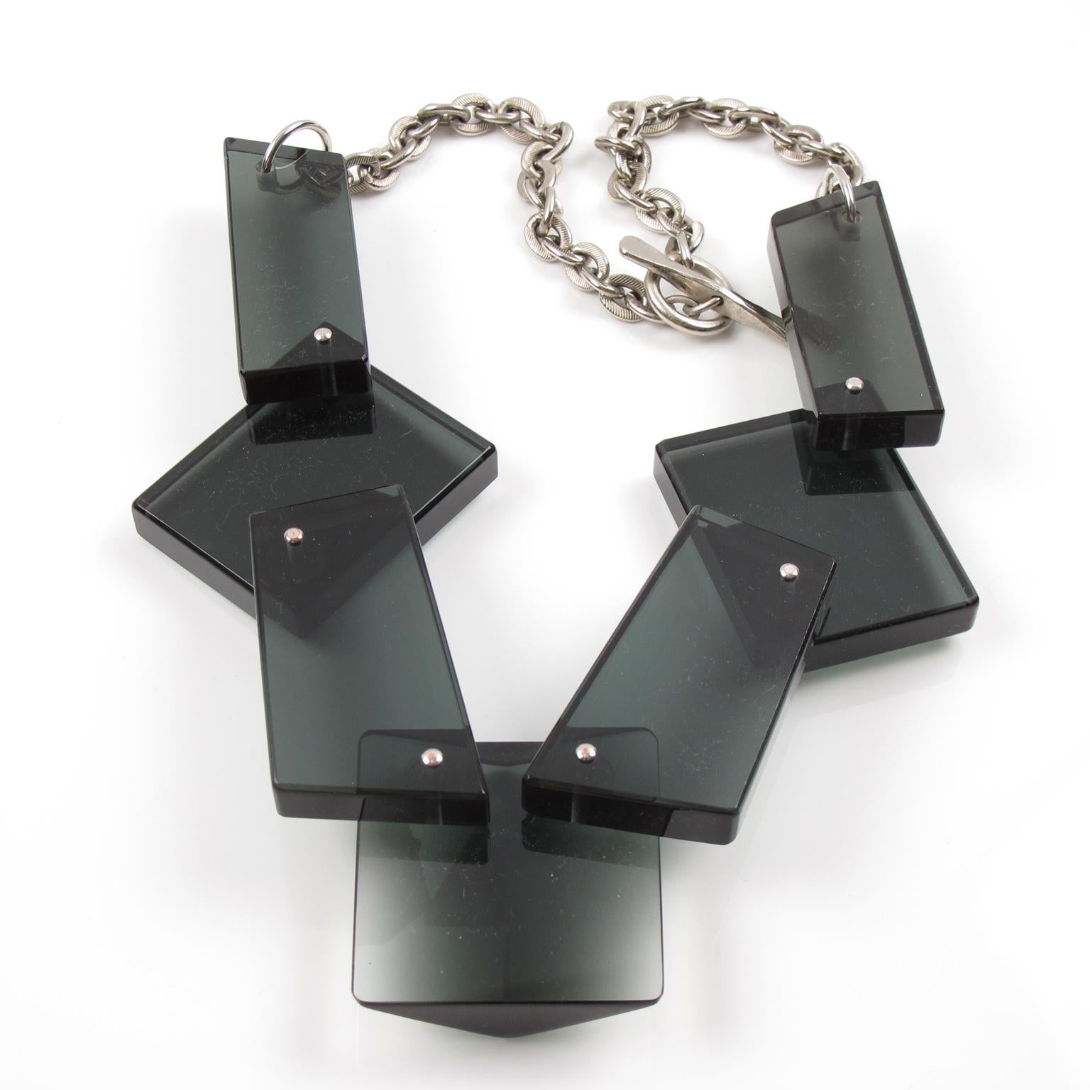 Women's or Men's Massive Transparent Gray Lucite Geometric Choker Necklace For Sale