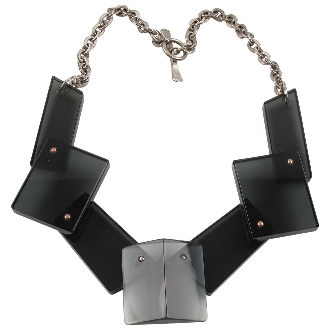 Massive Transparent Gray Lucite Geometric Choker Necklace For Sale