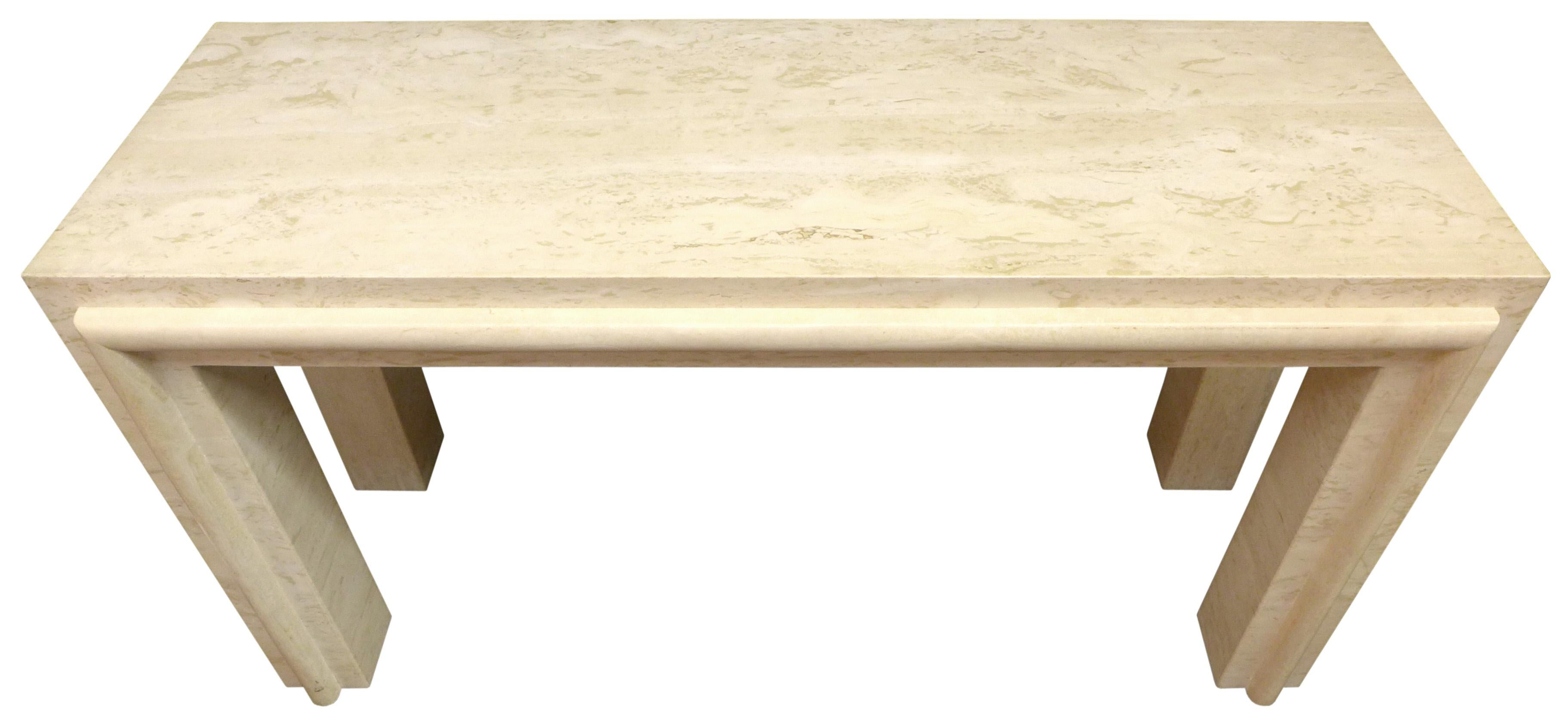 A wonderfully massive travertine console table. For constructions of this type and material, an extraordinarily thoroughly-built and decorative rendition. Great scale and proportion with ornamental, thick-gauge, bullnose piping the full length of