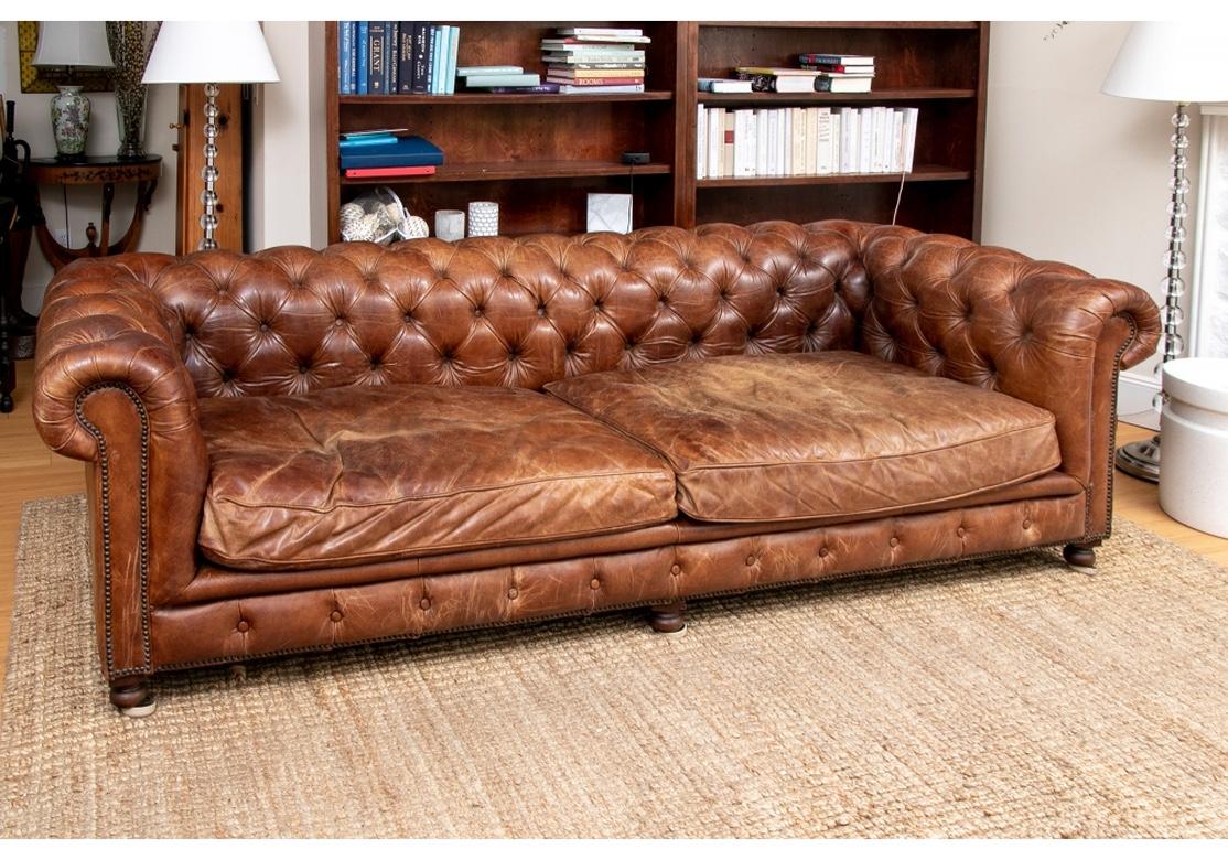 A double cushion seat leather Chesterfied sofa in oversized dimensions in incredible worn condition with age borne distressed Leather. Fully tufted and leaving the seat cushions and back without tufting. Turned wood bulb foot with brass castors.