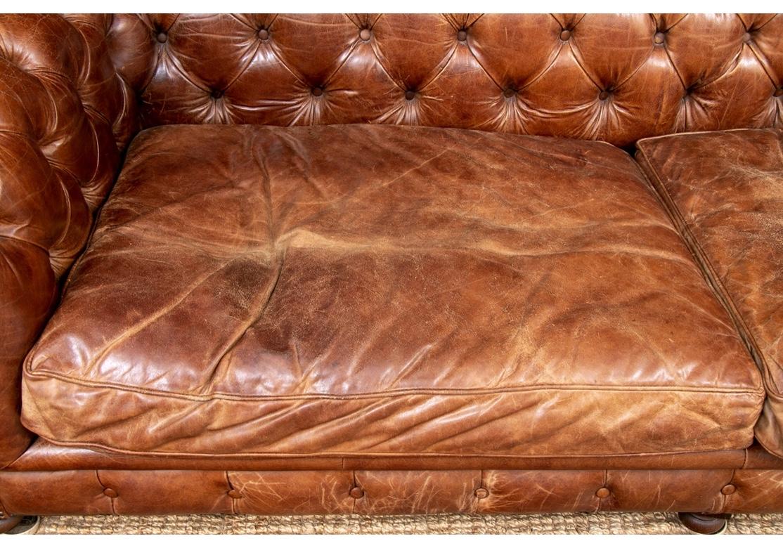 Hollywood Regency Massive Tufted Chesterfield Sofa in Desirable Worn Leather For Sale