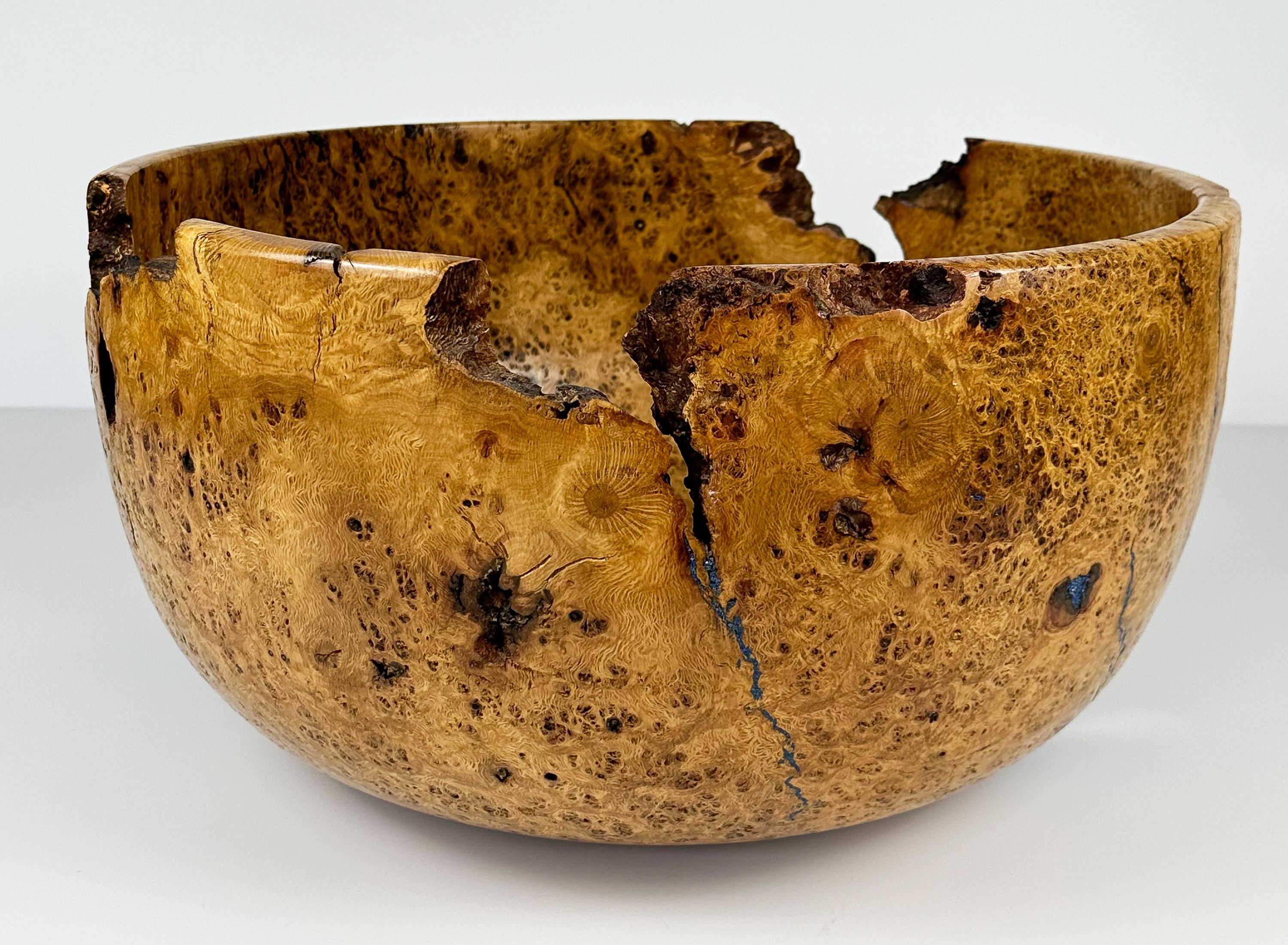 Massive Turned Mesquite Burl Wood Centerpiece Bowl Inlaid with Azurite 2