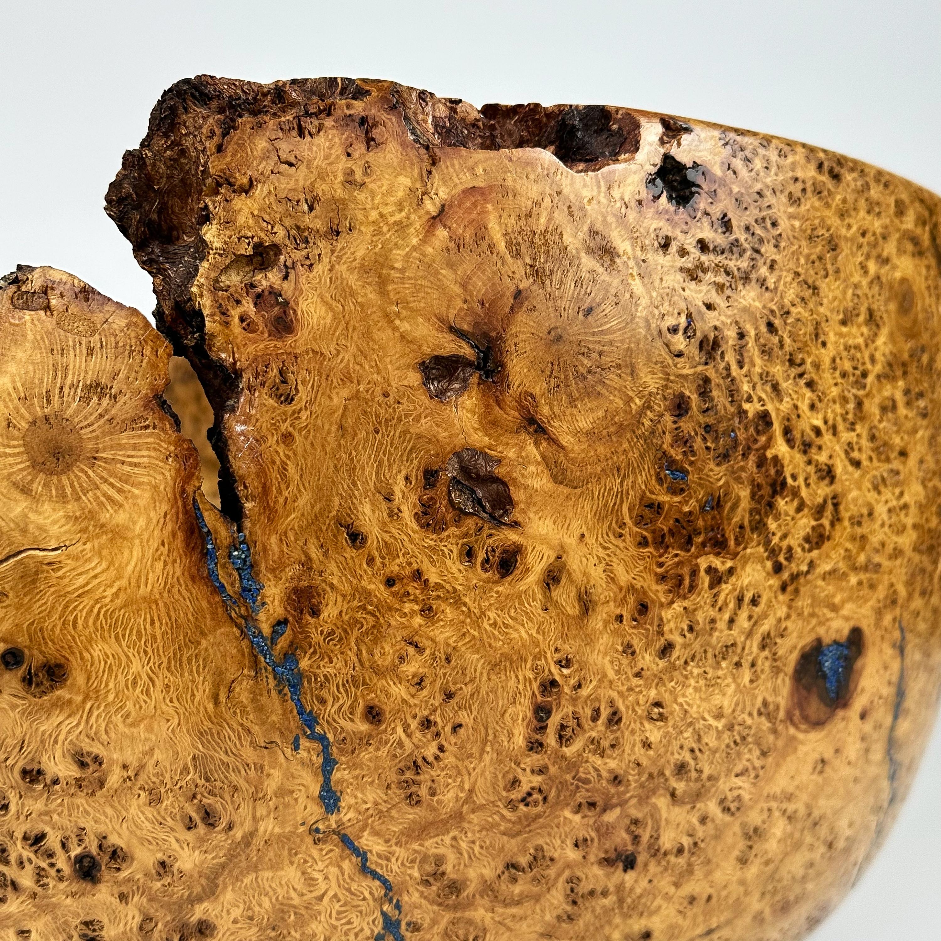 Massive Turned Mesquite Burl Wood Centerpiece Bowl Inlaid with Azurite 3