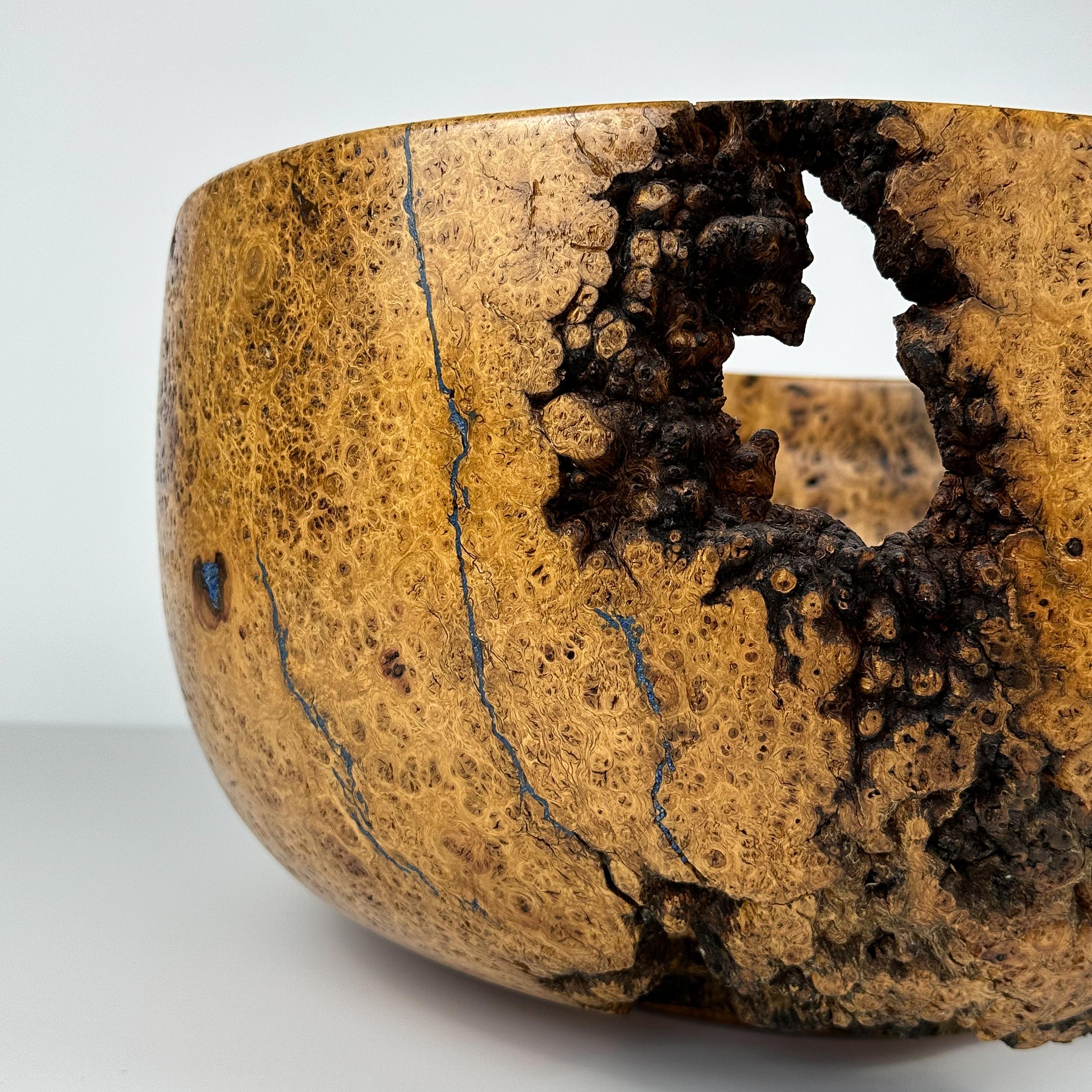 Massive Turned Mesquite Burl Wood Centerpiece Bowl Inlaid with Azurite 9